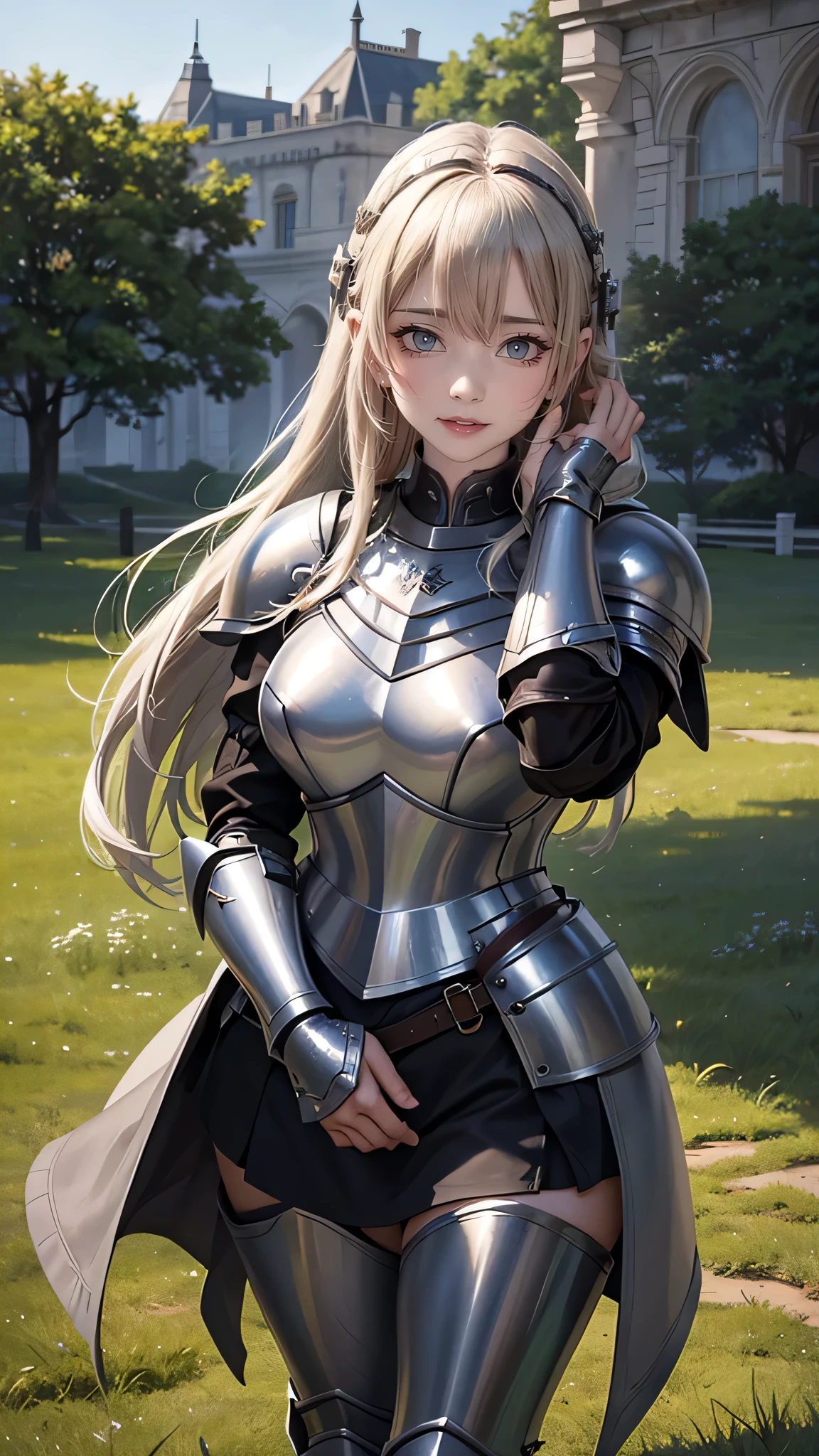 Highest quality、masterpiece、8k、 realistic 、超High resolution、Very delicate and beautiful、High resolution、Cinema Lighting、medium range shooting、Portraiture、Perfect female body、Beautiful woman、Mature Woman、Opposition、Hands on Their Head、Looking at the audience、grassland、fantasy female knight from another world、(Armor with emphasis on the chest)、sword 、shield、The coat of arms of the knight、Long Hair、Helmet、Armor Plate、Leather Armor、Combat Boots、Waist-mounted weapons、Beautiful and strong face、Eyes full of determination、Knight Road、horse、Roar、knight'pledge、Potential magical powers、Scars from past battles