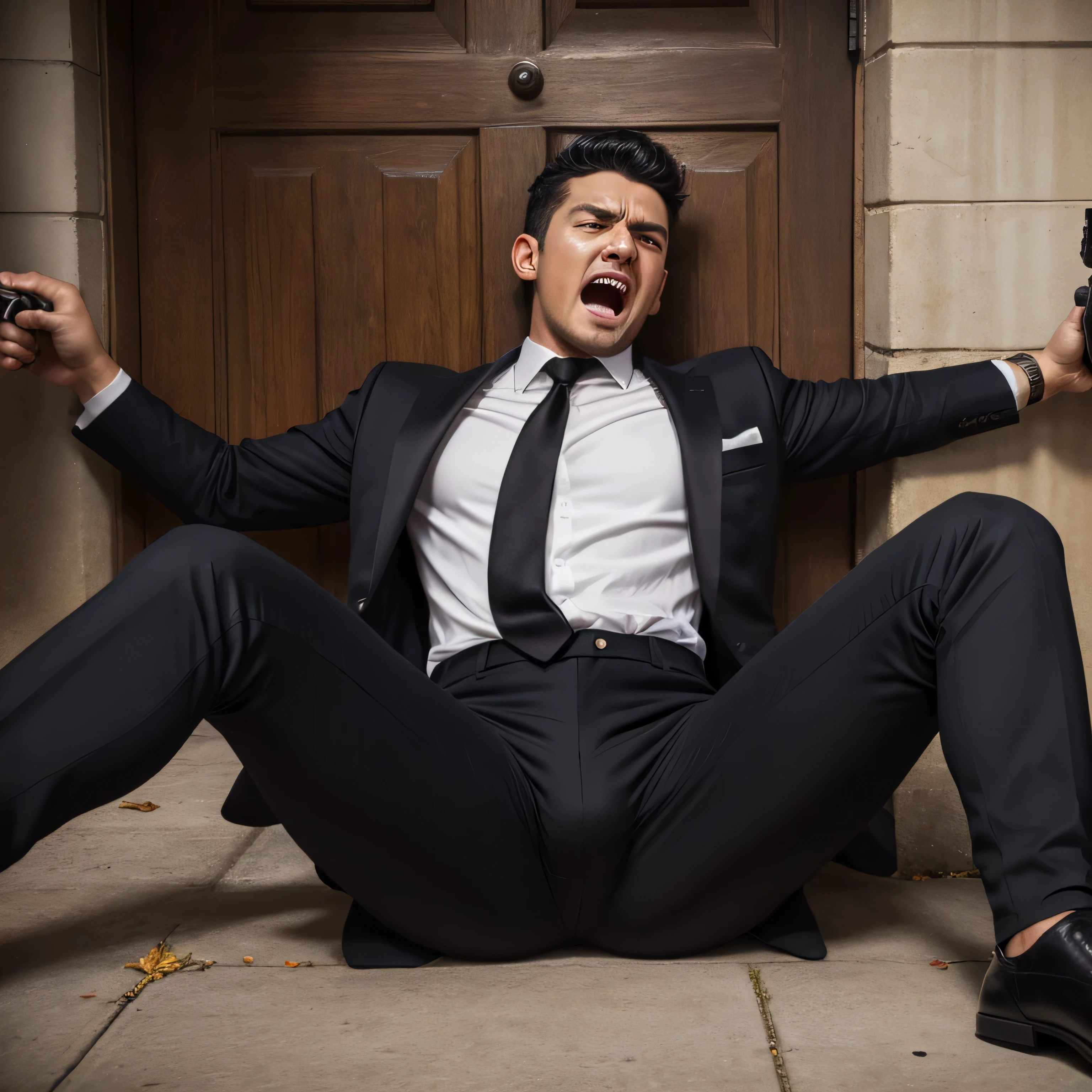 Age 30, One Man,、 black suit、black tie、black slim pants。In front of the gate、alert 、 Gunfight、Man Who Was Shot 　logic, Gay, black hair、Short Hair。 very short hair 、　Turkish face　 Lies on the Ground、 open her legs 、 upper body up　black slim pants　 black slim pants　 they are screaming with their mouths wide open　Painful face after being shot　mafia　 pants chuck　The handgun is falling 