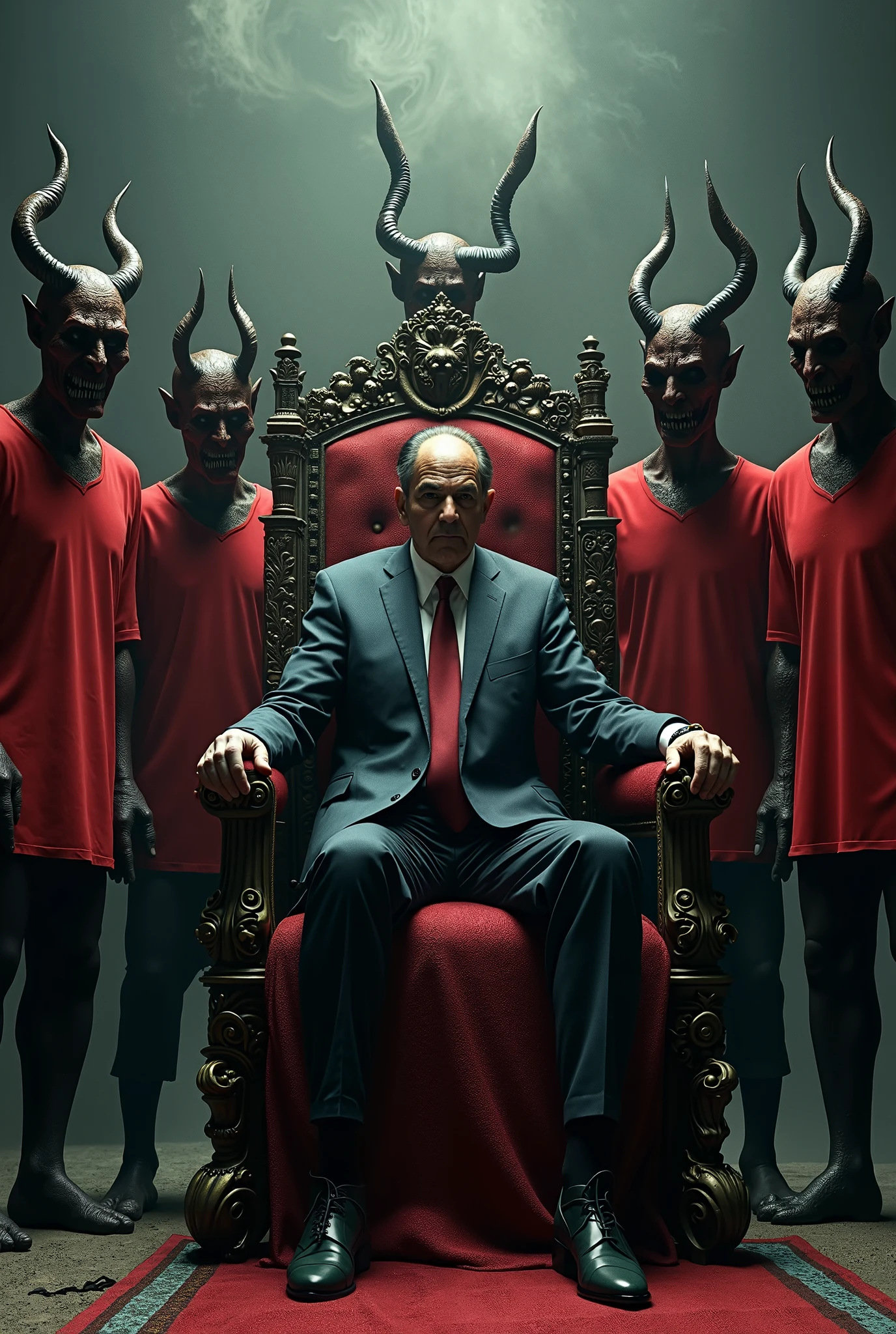 RussellMNeilson, is satan, sitting on a satanic throne, serpents all around, dismal image, horror image