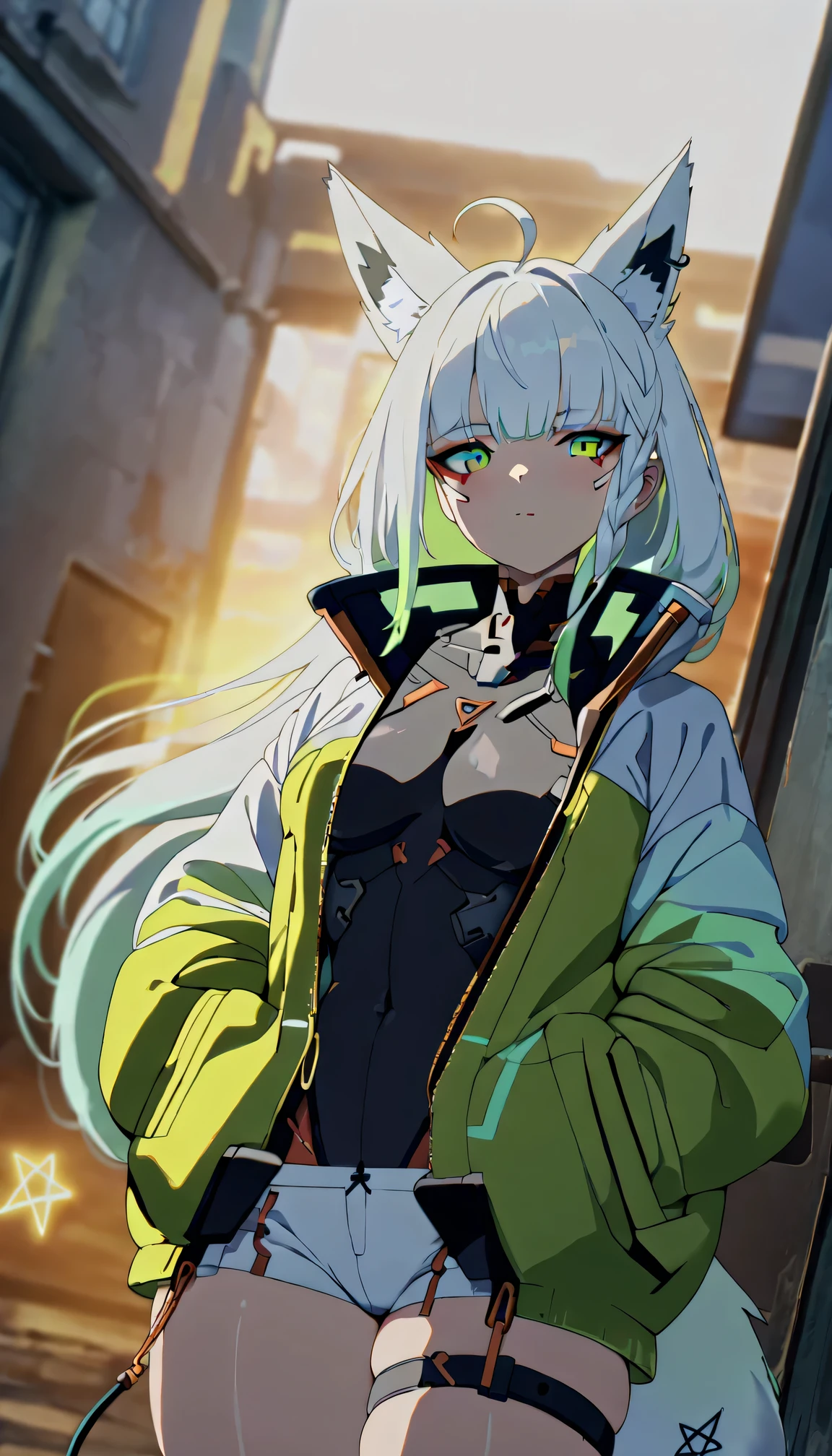 masterpiece,high resolution, close-up, long hair, bangs, green eyes, white hair, multicolored hair, makeup, green eyes, large breasts, bare hips, bodysuit, jacket, leotard, monowire, open clothes, open jacket, skindentation, fox ears, fox tail, cyberpunk, yellow tint, cyborg, outdoors, street lane, entrance of the house, window, city background, white shorts, microshorts, cowboy shot, pentagram on the tail, dutch angle, (afternoon), black leotard, green tint, bloom, high contrast, tone mapping, Hands in your pocket, thigh strap, single side braid, ahoge, piercing, blurry background, neon, ((yellow tint))