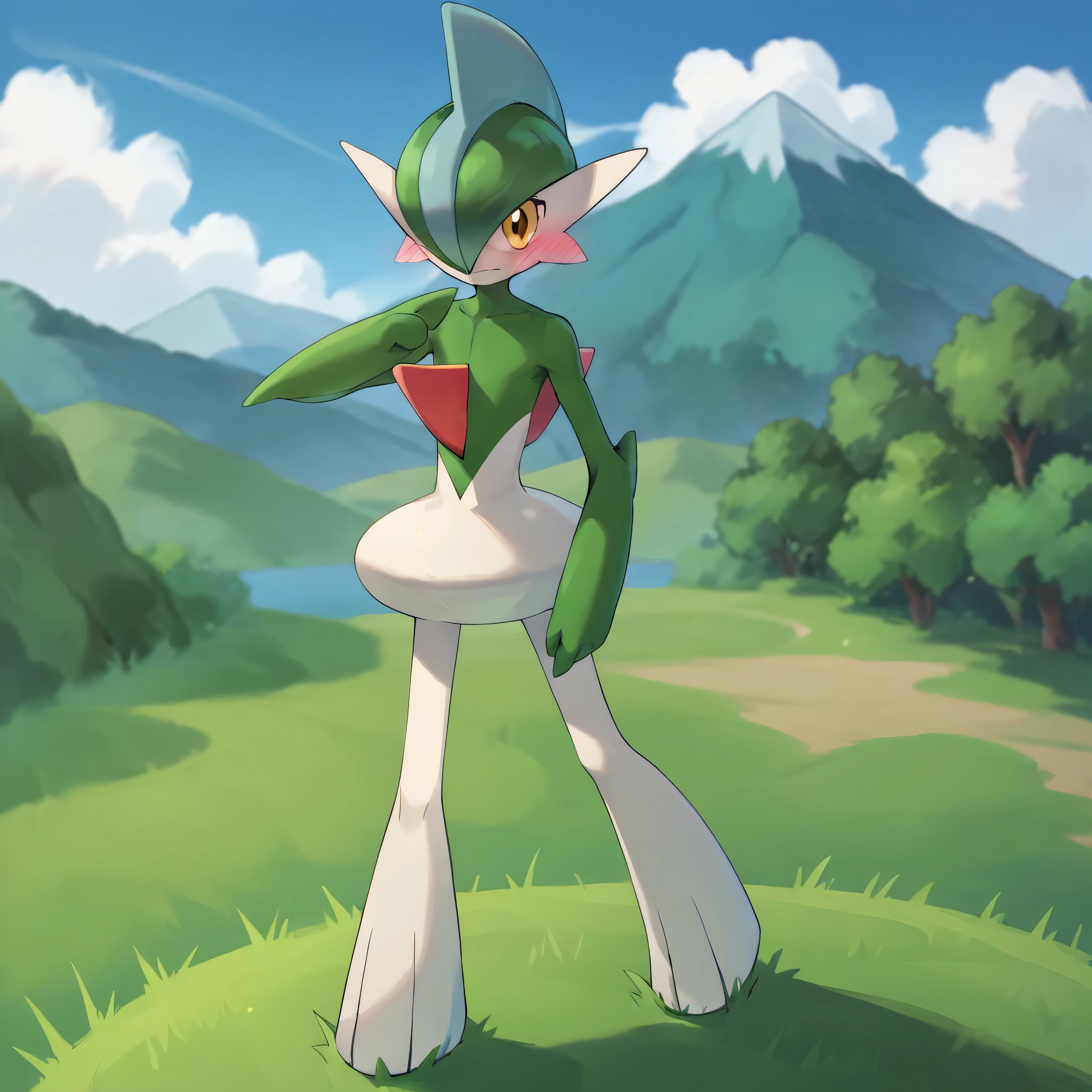 masterpiece, best quality, (highly detailed), score_9, score_8_up, score_7_up, full body shot, grassy field, mountains in background, gallade, 1boy, green hair, blue left eye, yellow right eye, red head crest, pokemon (creature), looking at viewer, pointing up, embarrassed,