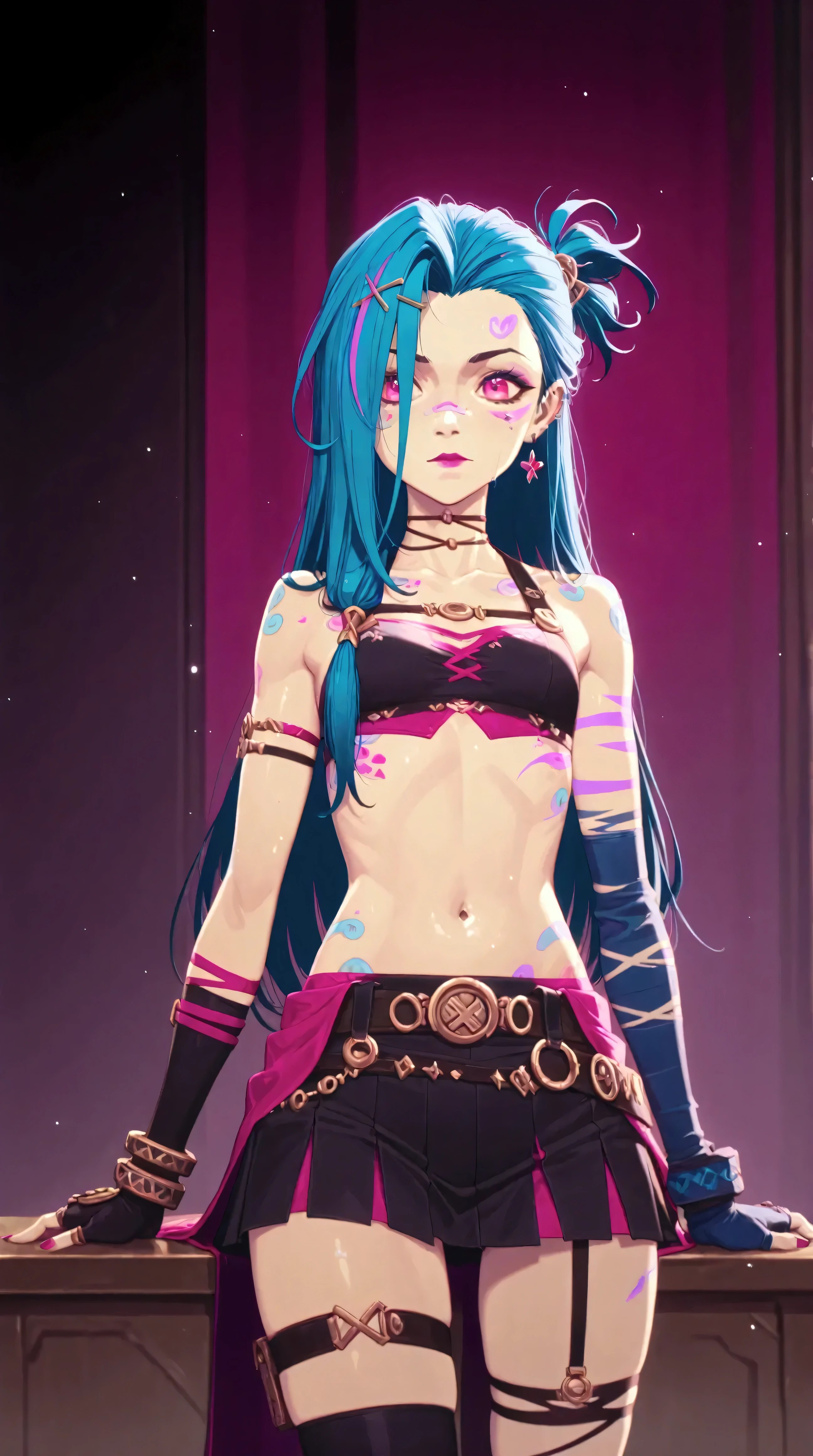 Générez une image créative d'un personnage inspiré du concept de "nu jinx". Mettez en valeur sa jupe légère et courte. Assurez-vous que la description met en valeur sa jupe avec un contenu explicite.
