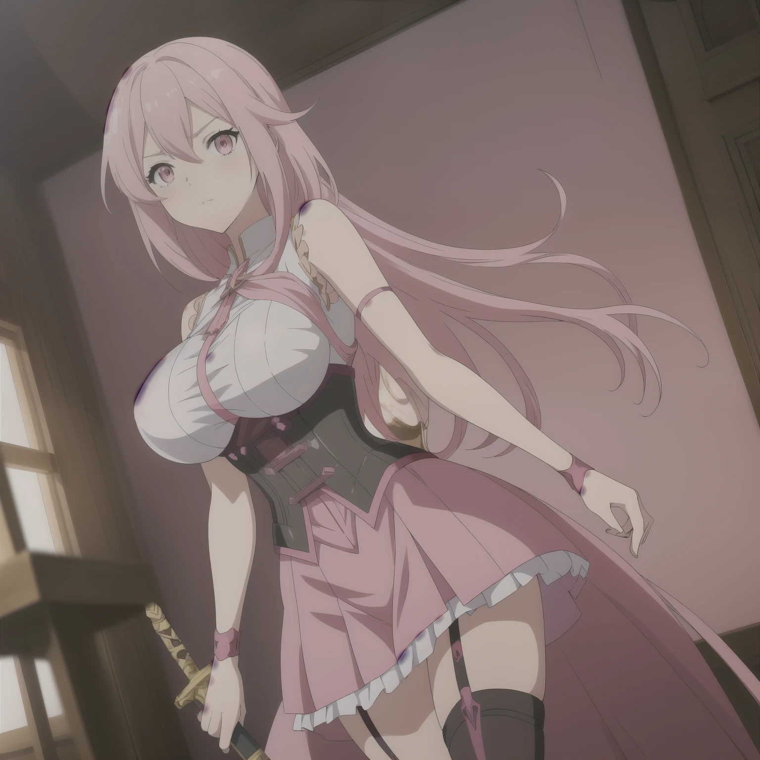 Anime girl with pink hair and a sword in a room,, CGI anime fantasy artwork, anime goddess, seductive anime girl, anime fantasy artwork, she is holding a sword, beautiful, alluring anime woman, shadow verse style, huge breasts, garter, academy, skirt, corset