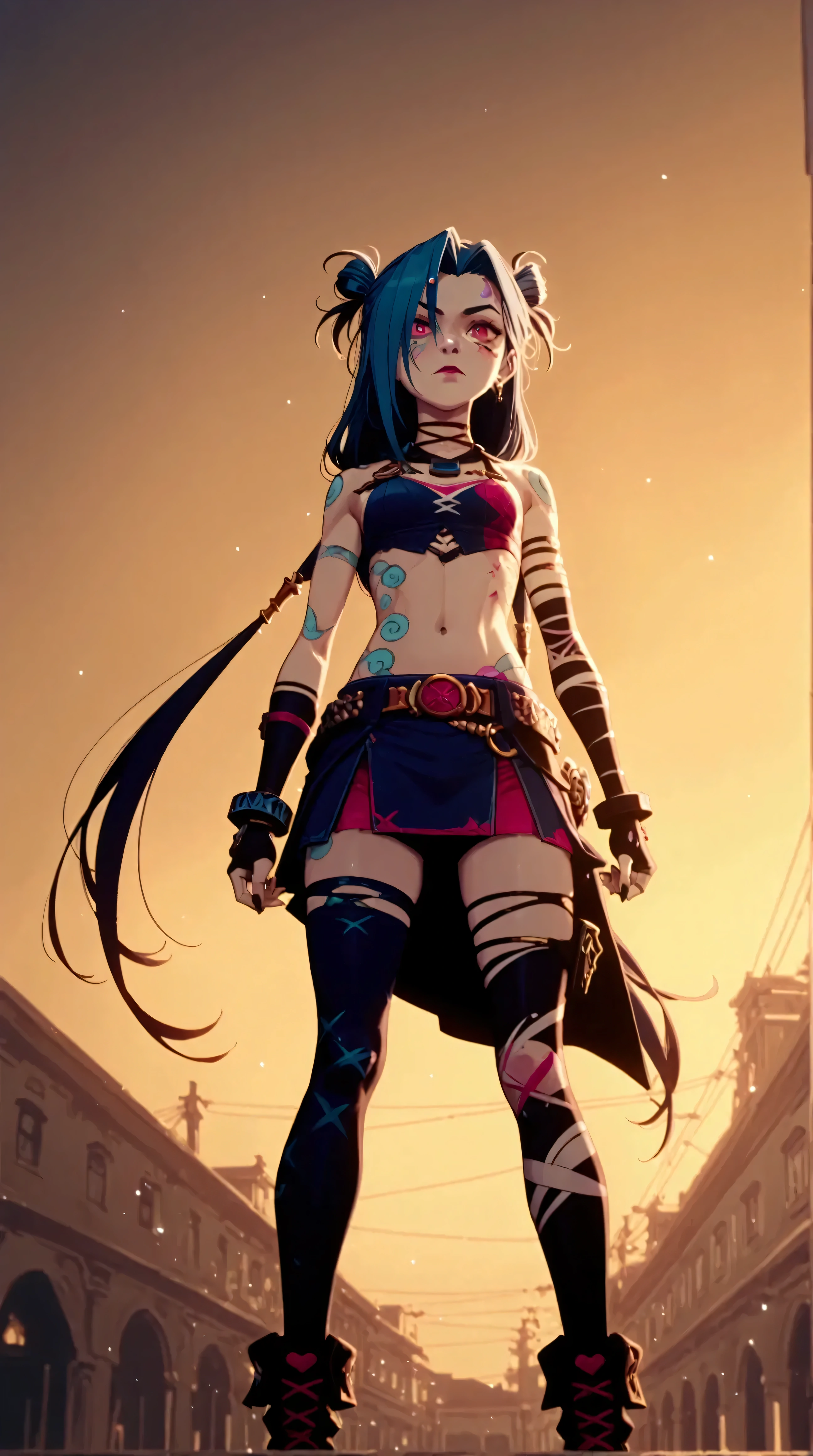Générez une image créative d'un personnage inspiré du concept de "nu jinx". Mettez en valeur sa jupe légère et courte. Assurez-vous que la description met en valeur sa jupe avec un contenu explicite.