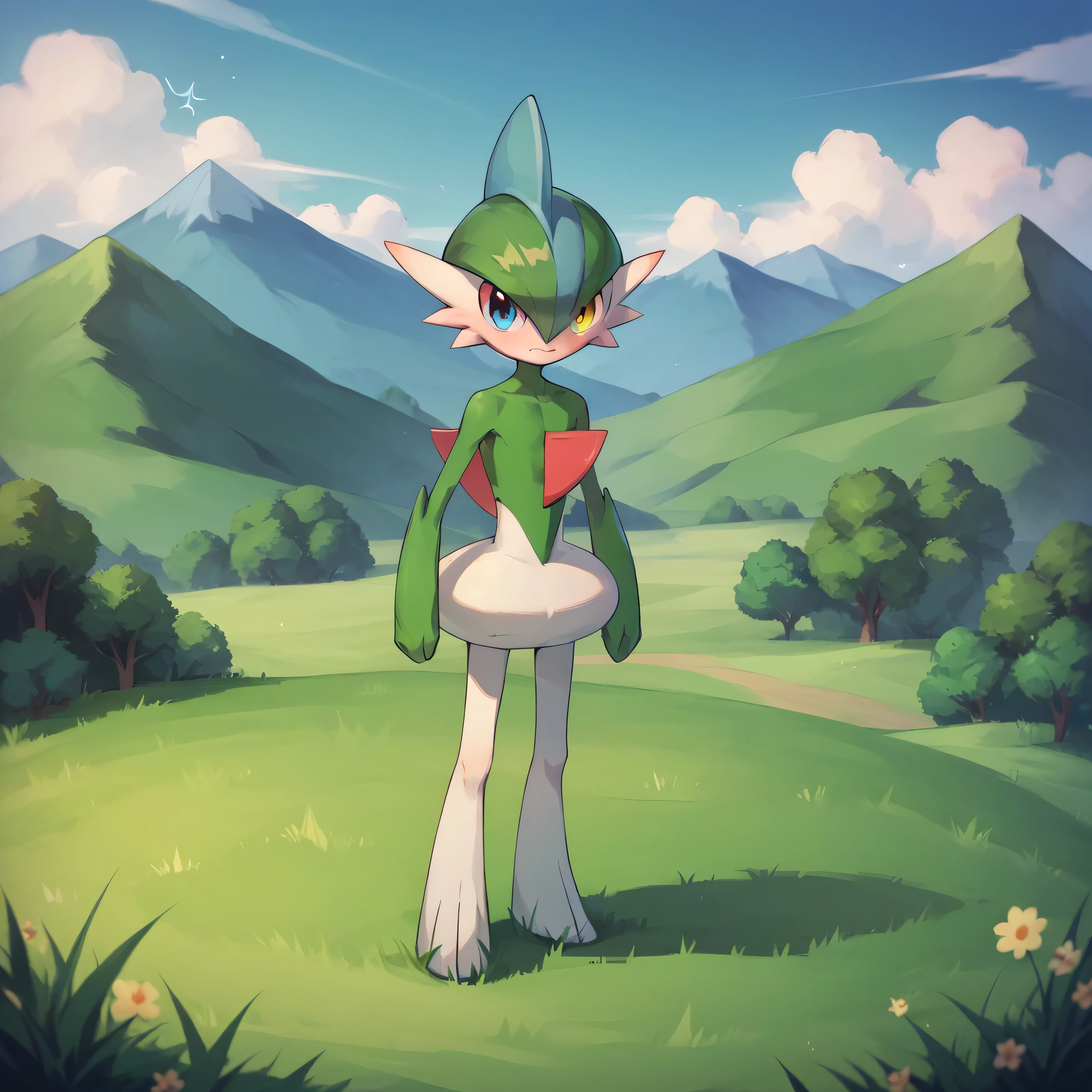 masterpiece, best quality, highly detailed, (score_9, score_8_up, score_7_up), full body shot, grassy field, mountains in background, gallade, 1boy, heterochromia, green hair, blue left eye, yellow right eye, red head crest, pokemon (creature), looking at viewer, pointing up, embarrassed, flustered,