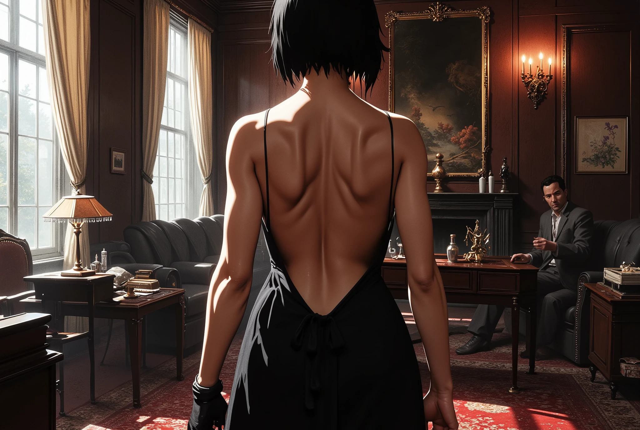(masterpiece:1.2,EXCEPTIONAL QUALITY ,Mirror Finish , Cinematic Experience),8k,16k, wallpaper,( backless dress:2.0),( Female Assassin :2.0),( Black Dress with Empty Back :2.0),( and hold up your gun:2.0),(Nikita Style :2.0),( sexy:2.0),( back view:2.0),( Turn Around :2.0),(Short Hair:2.0),( beautiful women:2.0),(Blood splatter),(風に揺れる髪の毛)