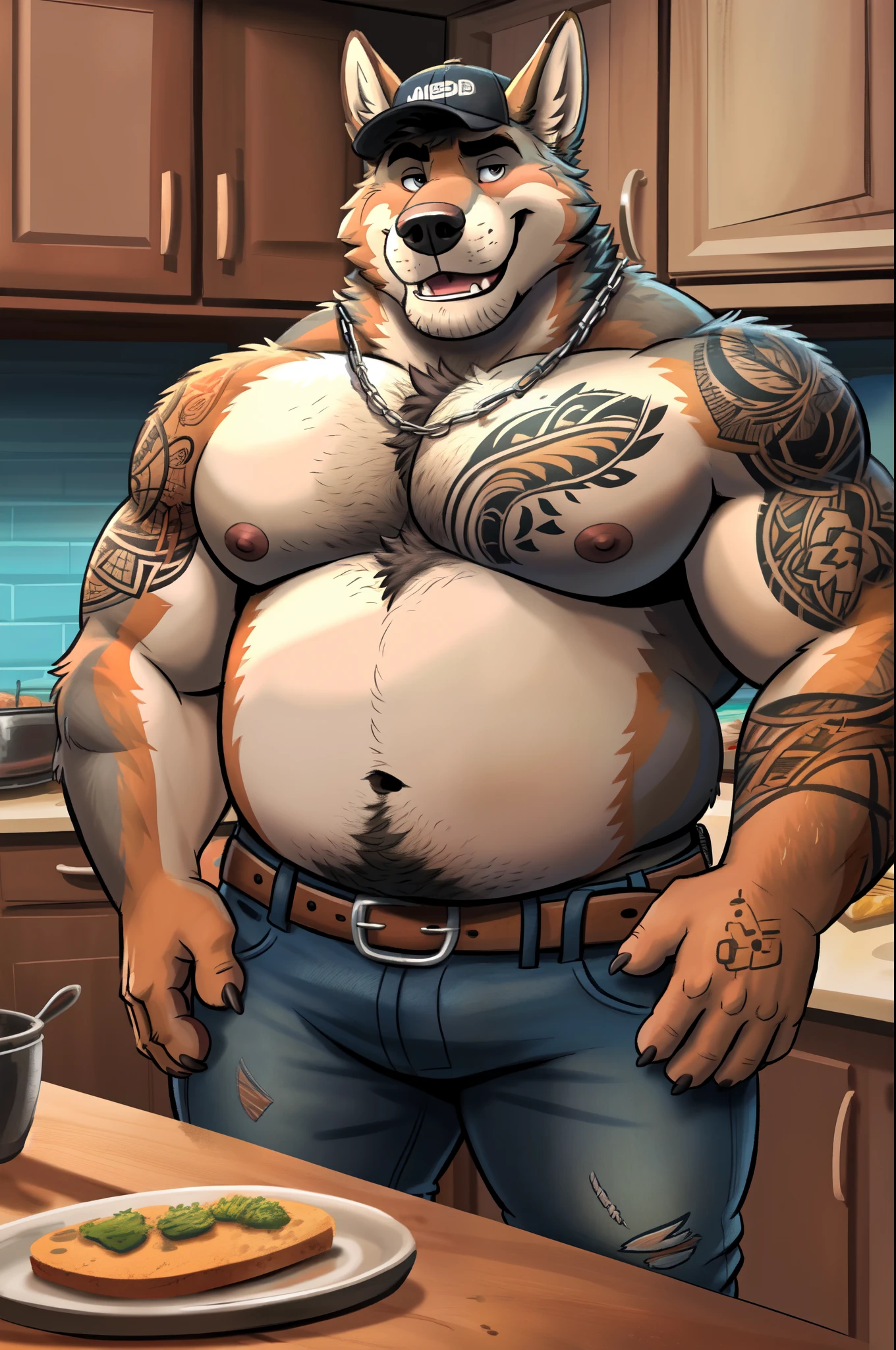 highest res,coyote,anthro,4 fingers,best most realistic detailed accurate blurred background,male aged in early 40's,musclegut,musclegut anthro,musclegut male,tail,standing in kitchen of best most realistic detailed accurate trashy mobile home in rural florida,solo,by dramamine,by nanoff,by minedoo,by dream_and_nightmare,by horrorbuns,best slightly fluffy most detailed multi tone coyote fur,full body view,best most realistic detailed coyote fur pattern colors and markings,best calmest relaxed casual toughest manliest masculine face,best dynamic calmest casual relaxed toughest manliest masculine pose,frontal view,fully front facing view,american,floridan,southern,redneck,trashy,rural,scruffy,best average height fattest chubbiest sexiest stocky thickest widest buff tattooed pudgiest muscular body,tattooed dad bod,daddy,dilf,open mouth,showing teeth,best most detailed open eyes,best most detailed smallest dark pupils,best most detailed medium sized nipples nipple tips and areolas,summer,nude male,best quality,masterpiece,perked up ears,slightly hairy tattooed body,facing viewer looking directly at viewer,smiling at viewer,textless,indoors,closeup,best most detailed coyote teeth,wearing best most detailed most accurate toughest manliest masculine plain very old dirty worn out jeans with best most detailed belt and redneck belt buckle,best belly overhang,best most detailed longest happy trail,most accurate most detailed trashy southern redneck tattoos on body,best most detailed huge roundest tattooed pecs and moobs,best most detailed slightly big roundest tattooed belly,best most realistic body proportions,toughest manliest most masculine bara male,headwear,wearing best most detailed old worn out toughest manliest masculine most accurate redneck trucker cap,hdr,8k,most detailed deep navel,wearing best most detailed most accurate toughest manliest masculine most accurate silver chain necklace,best most detailed short body hair,an14,best anatomy,best ergonomics,e621,