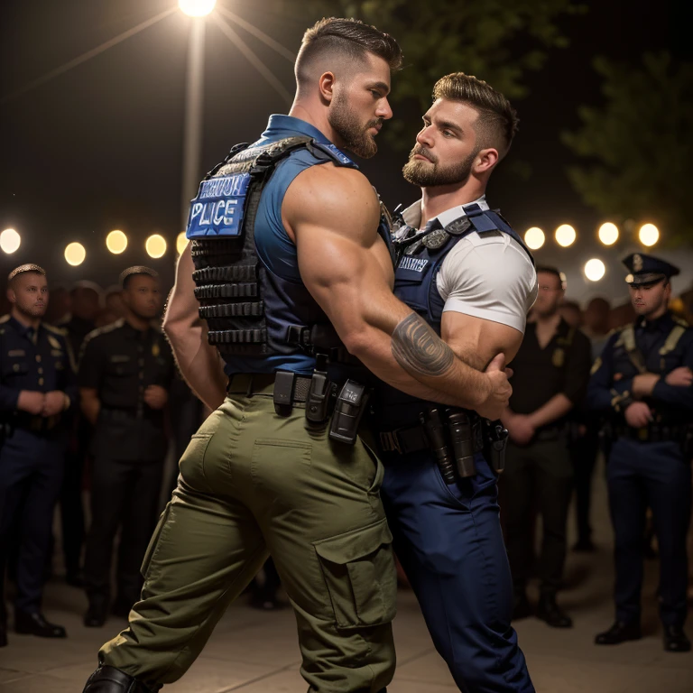 an extremely hairy ,  blond, short-haired military haircut, young, worried,  sweaty, muscular  gladiator , hairy legs, cum drops on legs, hairy chest, strong hairy shoulders, strong hairy arms, standing on a platform in a crowded roman arena, wide angle , photorealistic, 8K

