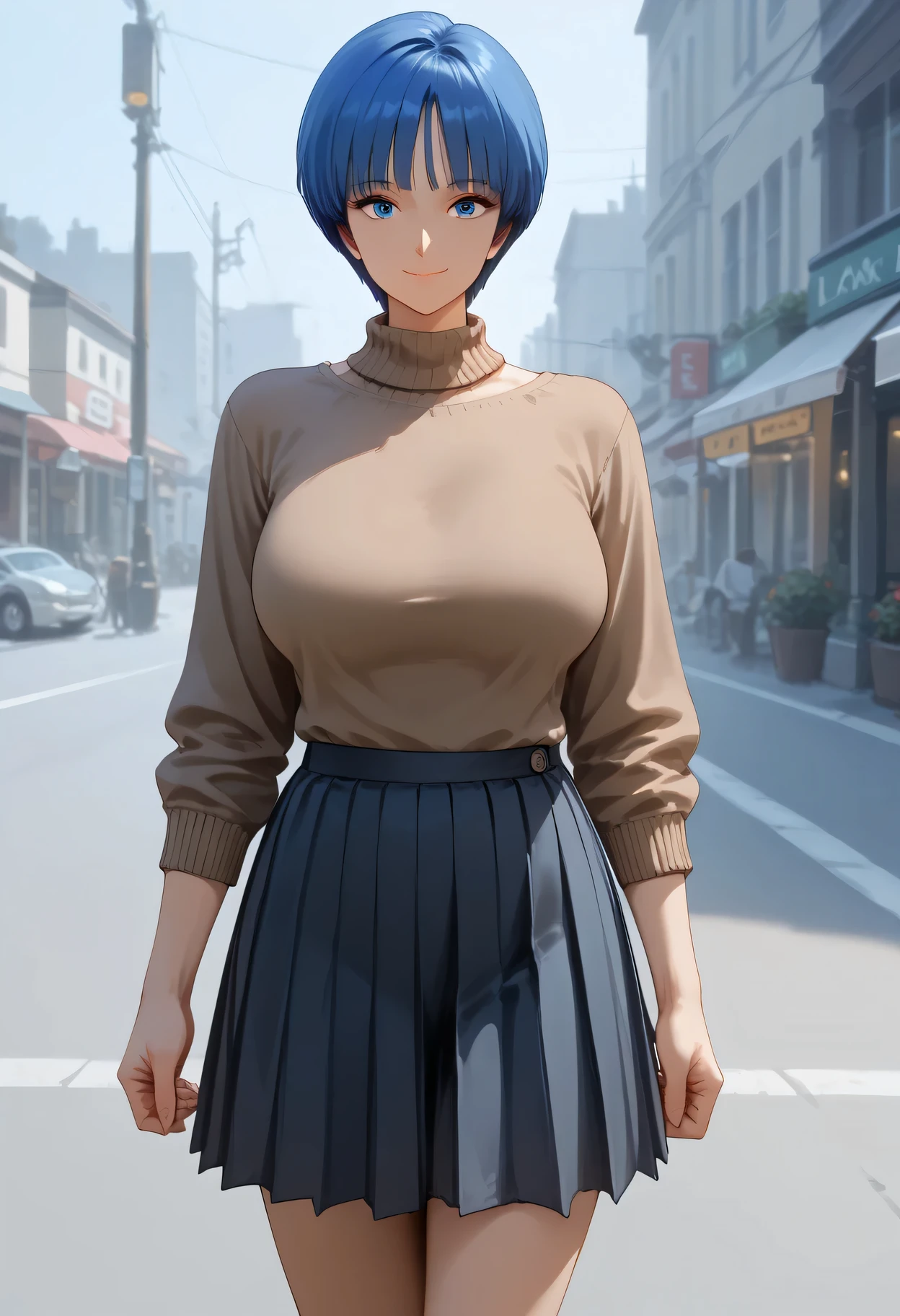 NSFW,((cowboy shot1.5)), ((cowboy shot:1.47)),(( full body zoom )),closed mouth, Her hairstyle is medium bob,((Trim her bangs )),blue hair color, ((wolf cut:1,47)),(( midium length hair extended to shoulders:1.2)),((large breasts)),curvy,inverted triangle face,Well-balanced limbs, gramer body, long limbs,1mature, ((outdoor:1.2)), action pose,AOI YUME Masakazu Katsura drowning,((1mature:1.2 )), anime,Masakazu Katsura, AOI YUME、(looking at from the front), Look at the camera,(1mature), AOI YUME,smile, close mouth , 1mature, alone, Aoi Yume, Casual brown sweater,Fine mesh detail on sweater, gray long pleated skirt