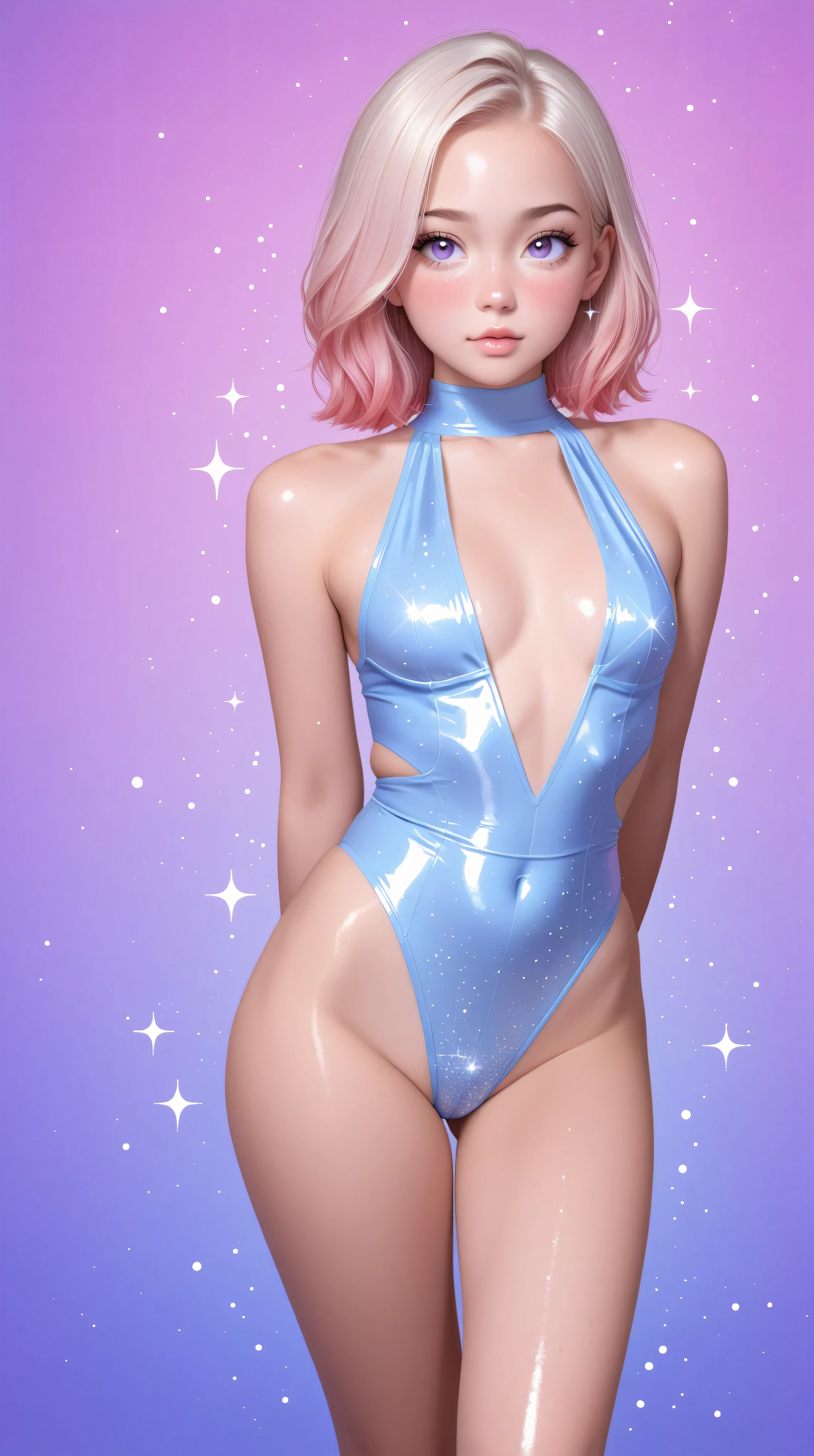 Japanese girl, (anime), manga, sexy, One Full Growth in Latex, sparkles, Pink Green Hair, posing, ((Glitter Dust)), dynamic shadows, masterpiece, bright colors, Shimmers, clear details, beautiful appearance, masterpiece, best quality, perfect anatomy, very aesthetic, official art, 8k, horny, sexual gaze, small breasts, edgy graphic design, sexy pose, seducing viewer, leaning in, straight on, dynamic pose, shiny skin, (eyes looking off to side), Highly detailed, Amazing work,Vitreous luster, blues, purples, pinks, Best quality at best,shiny skin, no background, colorful background, blue background, pink background, purple background, plunging neckline, sexy pose, dynamic pose, heavy blushing, small breasts,