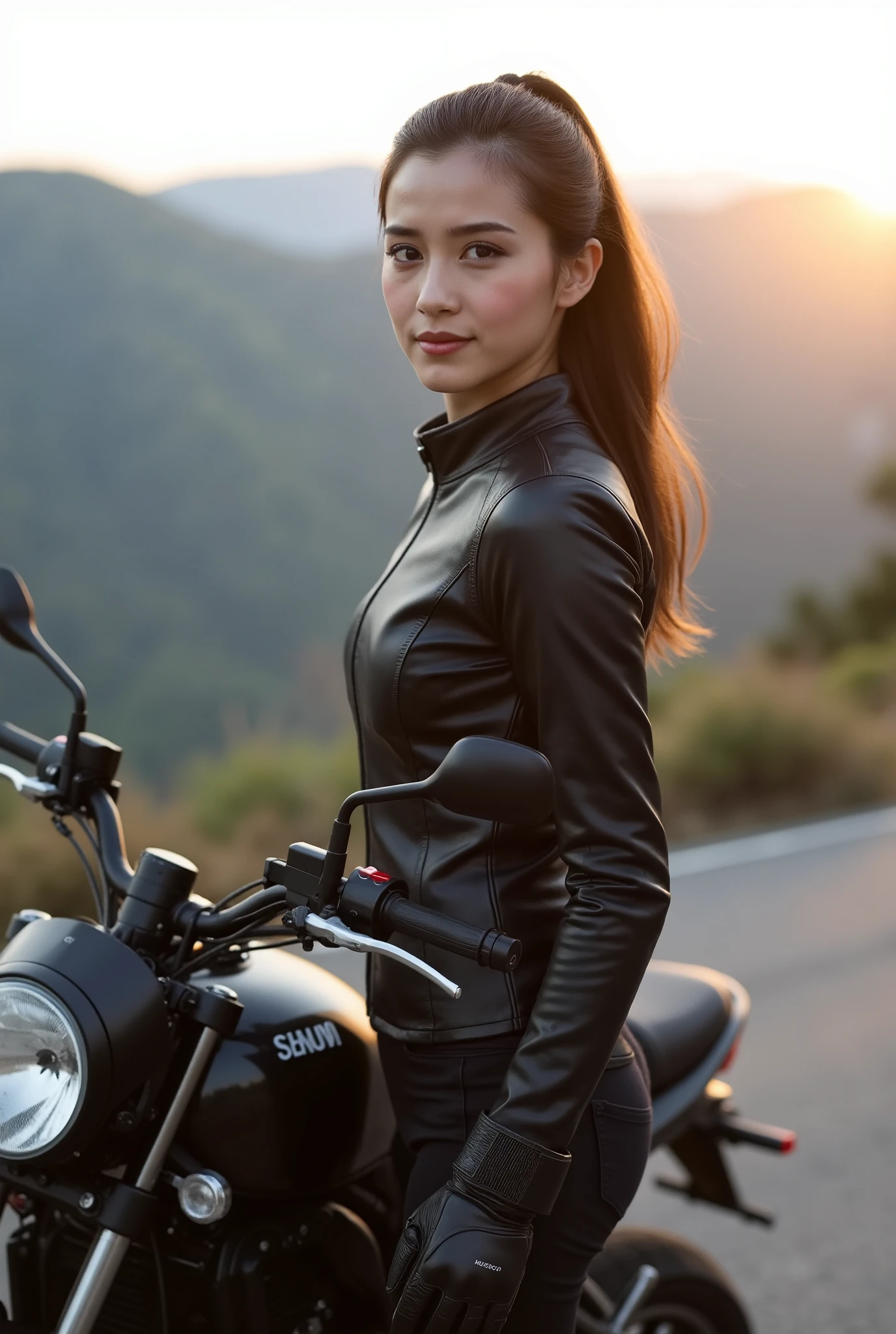 A vibrant and healthy young Japanese woman in her 20s, exuding natural beauty and strength as a motorbike rider. She has smooth, radiant skin, long black hair tied back into a sleek ponytail, and expressive almond-shaped eyes filled with confidence. She is wearing a stylish yet functional motorcycle outfit, such as a fitted leather jacket, riding gloves, and a helmet tucked under her arm. She stands beside her sleek motorcycle, parked on a scenic mountain road during golden hour, with the soft sunlight highlighting her determined expression and adventurous spirit.