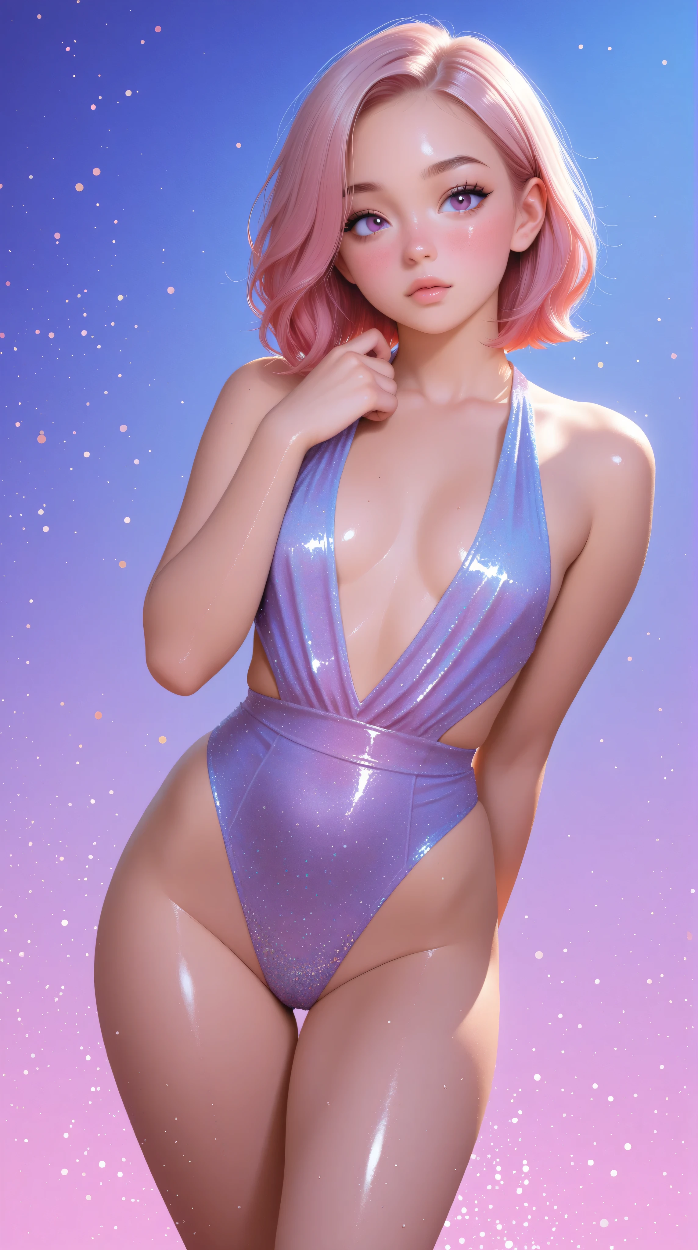 Japanese girl, (anime), manga, sexy, One Full Growth in Latex, sparkles, Pink Green Hair, posing, ((Glitter Dust)), dynamic shadows, masterpiece, bright colors, Shimmers, clear details, beautiful appearance, masterpiece, best quality, perfect anatomy, very aesthetic, official art, 8k, horny, sexual gaze, small breasts, edgy graphic design, sexy pose, seducing viewer, leaning in, straight on, dynamic pose, shiny skin, (eyes looking off to side), Highly detailed, Amazing work,Vitreous luster, blues, purples, pinks, Best quality at best,shiny skin, no background, colorful background, blue background, pink background, purple background, plunging neckline, sexy pose, dynamic pose, heavy blushing, small breasts,
