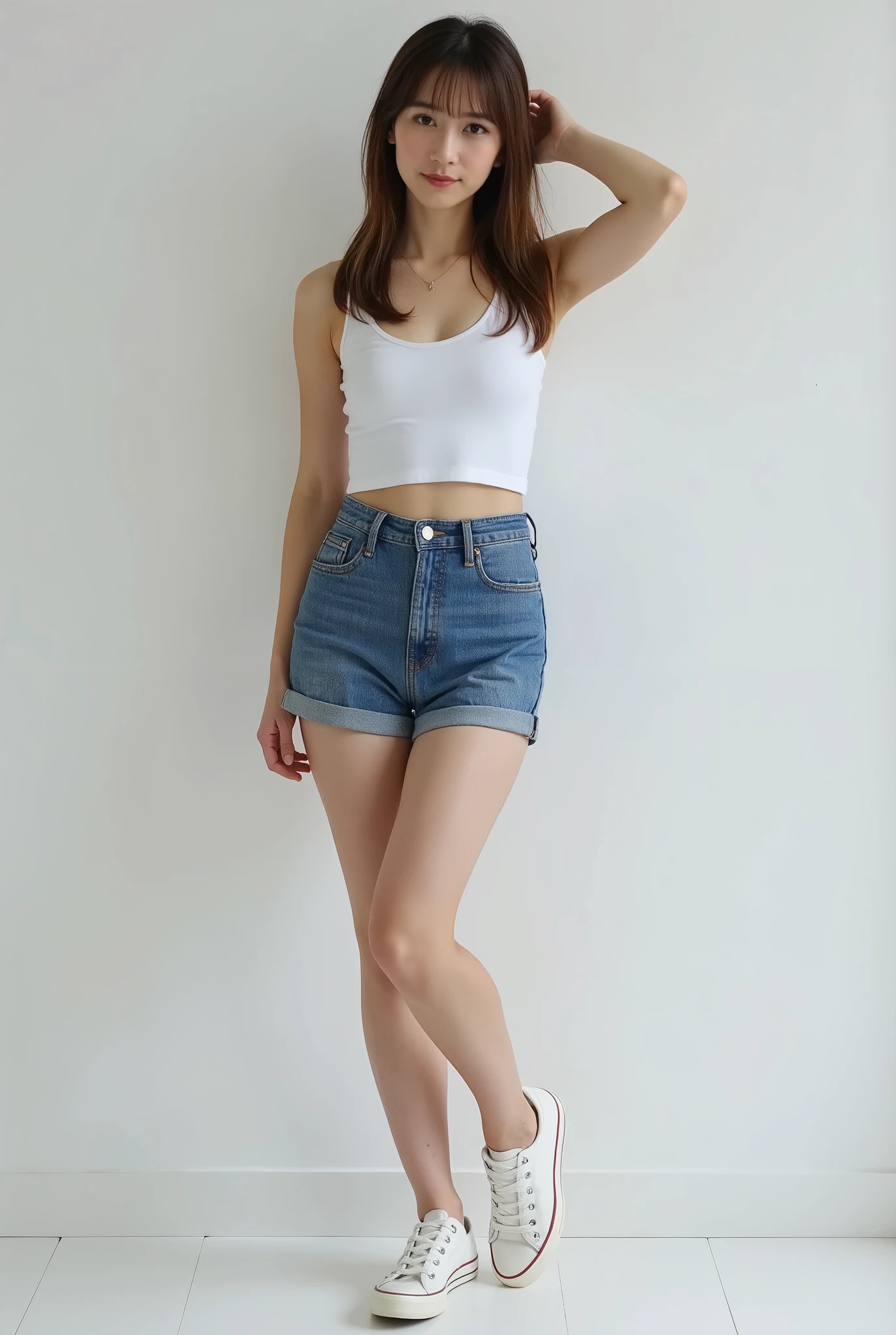 mulher de 60 anos, cabelo branco, short jeans