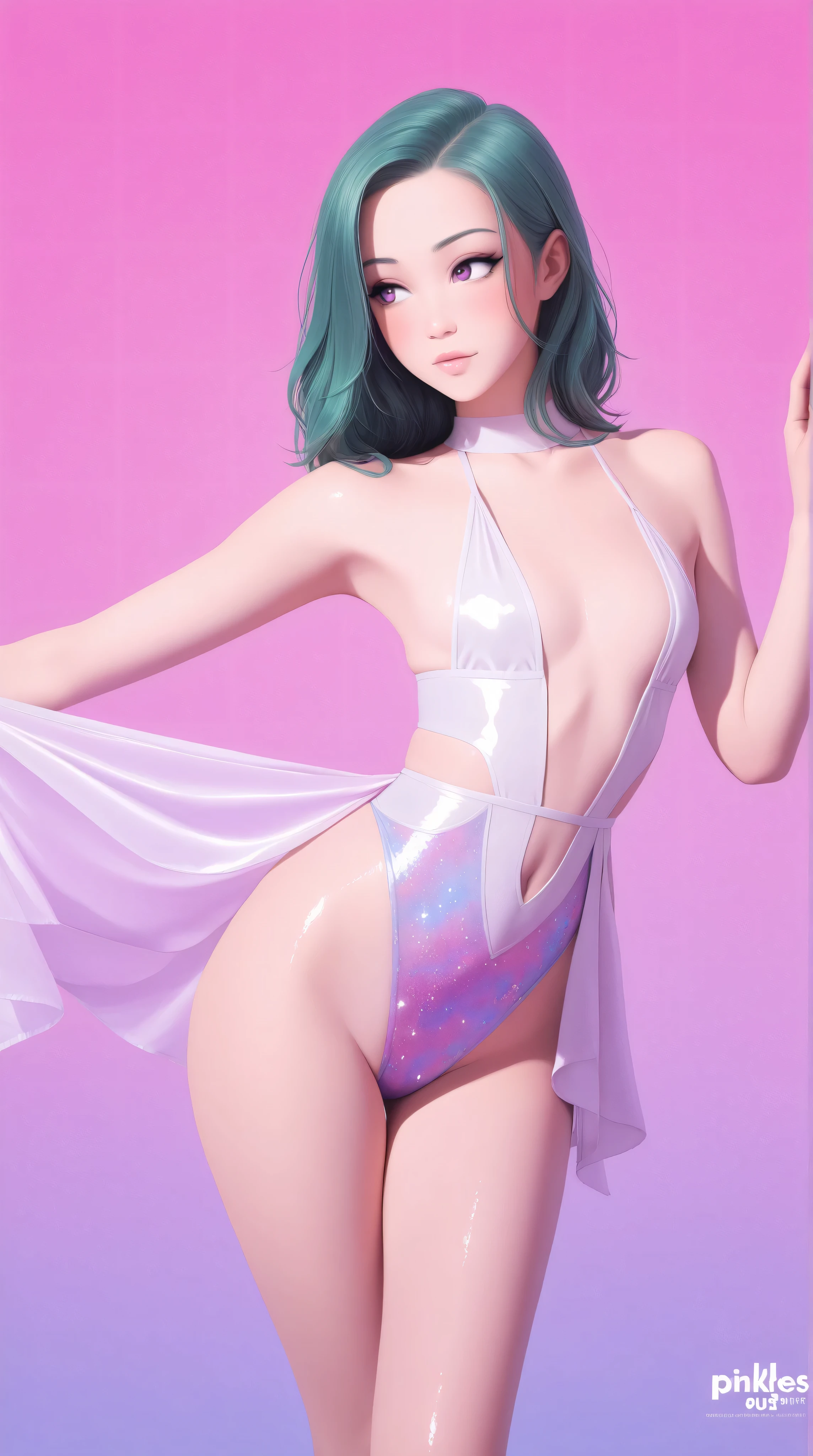 Japanese girl, (anime), manga, sexy, One Full Growth in Latex, sparkles, Pink Green Hair, posing, ((Glitter Dust)), dynamic shadows, masterpiece, bright colors, Shimmers, clear details, beautiful appearance, masterpiece, best quality, perfect anatomy, very aesthetic, official art, 8k, horny, sexual gaze, small breasts, edgy graphic design, sexy pose, seducing viewer, leaning in, straight on, dynamic pose, shiny skin, (eyes looking off to side), Highly detailed, Amazing work,Vitreous luster, blues, purples, pinks, Best quality at best,shiny skin, no background, colorful background, blue background, pink background, purple background, plunging neckline, sexy pose, dynamic pose, heavy blushing, small breasts,