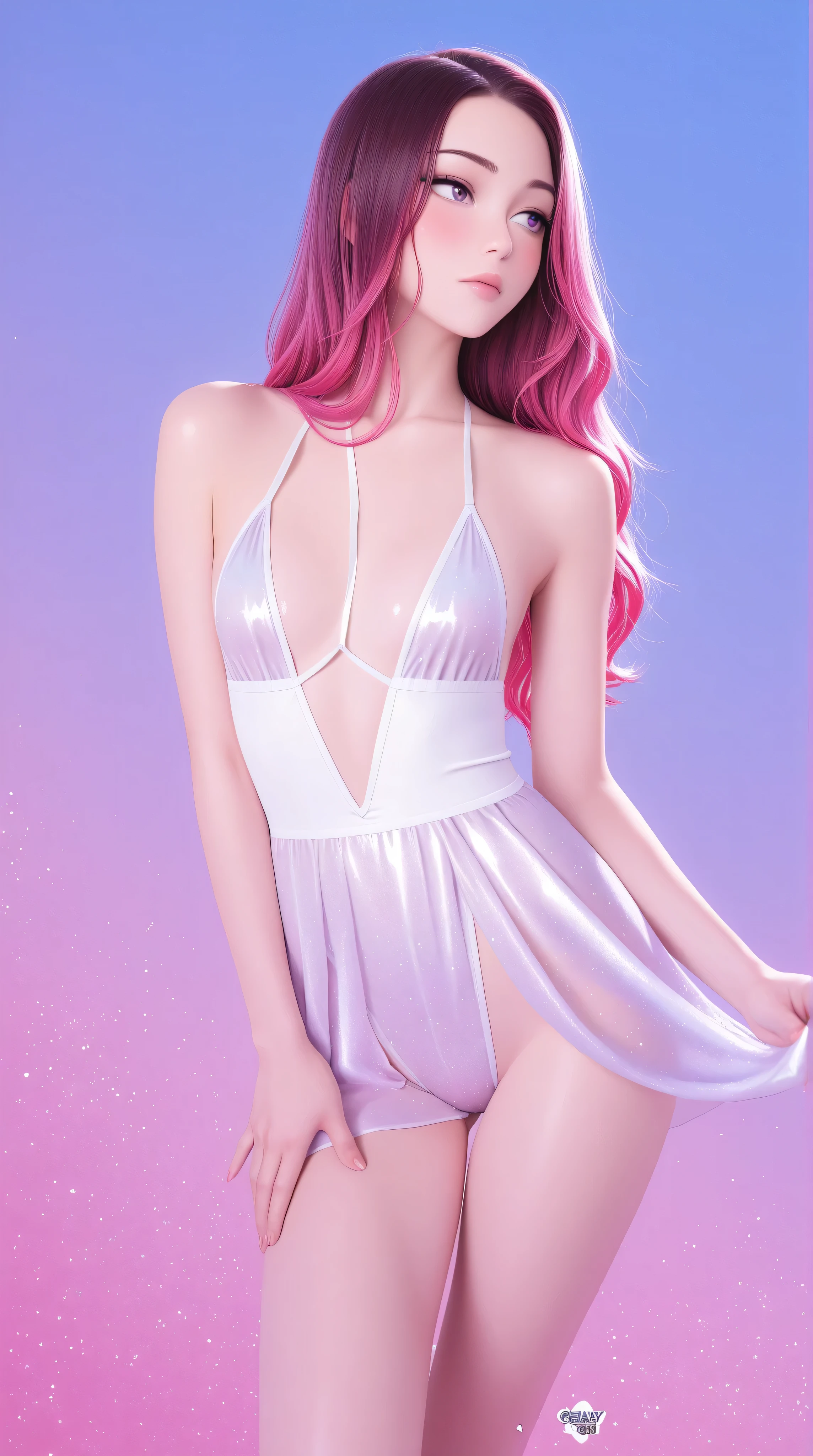 Japanese girl, (anime), manga, sexy, One Full Growth in Latex, sparkles, Pink Green Hair, posing, ((Glitter Dust)), dynamic shadows, masterpiece, bright colors, Shimmers, clear details, beautiful appearance, masterpiece, best quality, perfect anatomy, very aesthetic, official art, 8k, horny, sexual gaze, small breasts, edgy graphic design, sexy pose, seducing viewer, leaning in, straight on, dynamic pose, shiny skin, (eyes looking off to side), Highly detailed, Amazing work,Vitreous luster, blues, purples, pinks, Best quality at best,shiny skin, no background, colorful background, blue background, pink background, purple background, plunging neckline, sexy pose, dynamic pose, heavy blushing, small breasts,