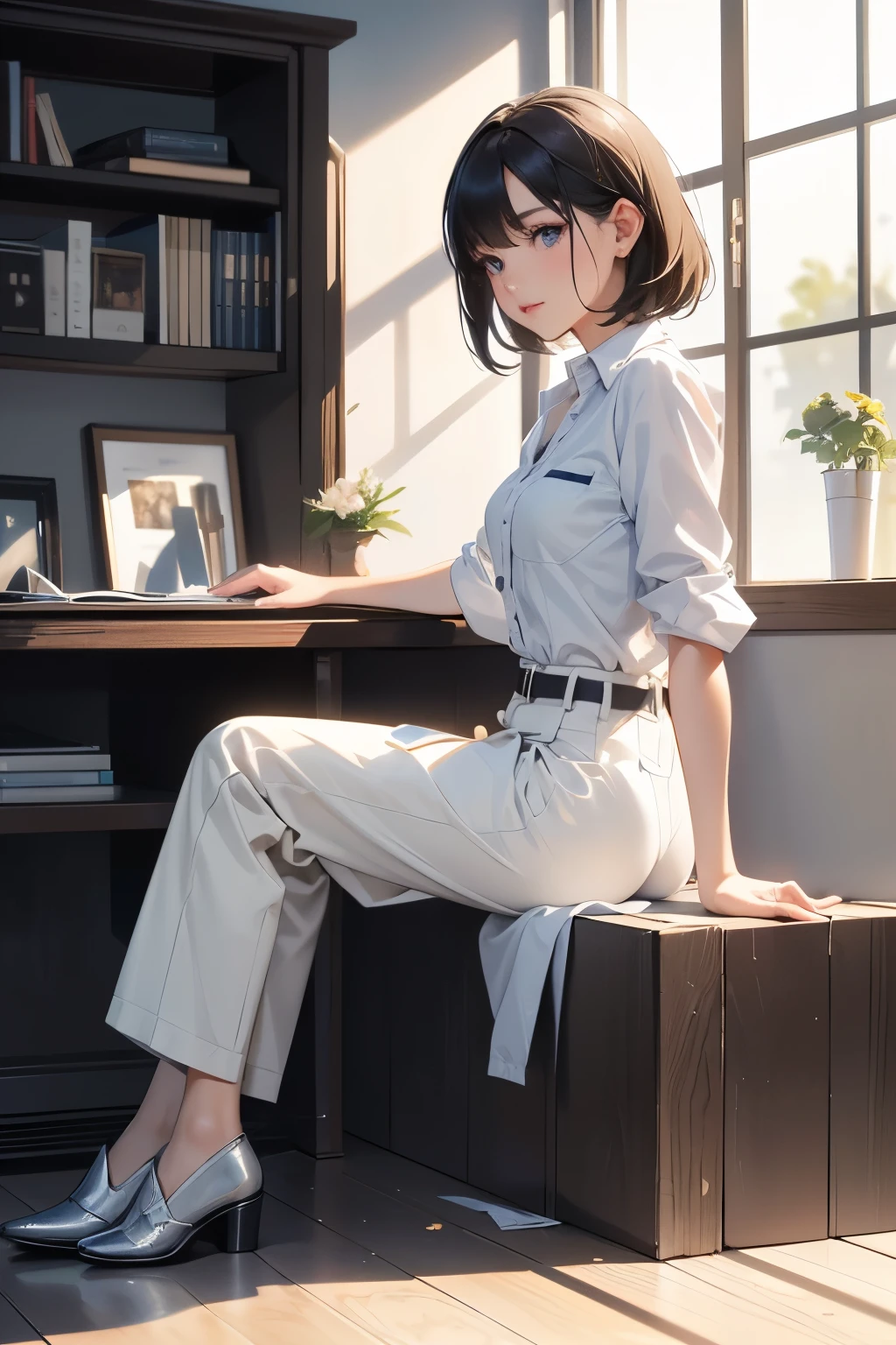 (masterpiece, highest quality, highest resolution, distinct_image, very elaborate CG, cinematic lighting, ray tracing, drop shadows, detailed detail, (photorealistic: 1.4), high quality textures, fine-grained, realistic face expression): (lone girl, face is Japan, brown short hair, hair tied back, small size breasts, sparkly eyes, eye level shots, happy smiles, beauty, slim body, holiday, own room, console games, computer, display, keyboard, mouse, long leather pants, white shirt with collar, leather vest, cardian, baseball cap, handgun holder, leather bag on back, long boots, antique radio, coffee, Model Train, Bookcase, Wooden Chair, Pot, Fan, Painting, Stuffed Animal, Tie, Notebook, Stationery, Vase, Photo Frame, Letter, Fountain Pen, Calendar, Lamp, Cushion, Basket, Profile Mirror, Candle, Newspaper, Sweets, Park View Outside the Window, Telephone, Fruit, Telescope, Retro TV)