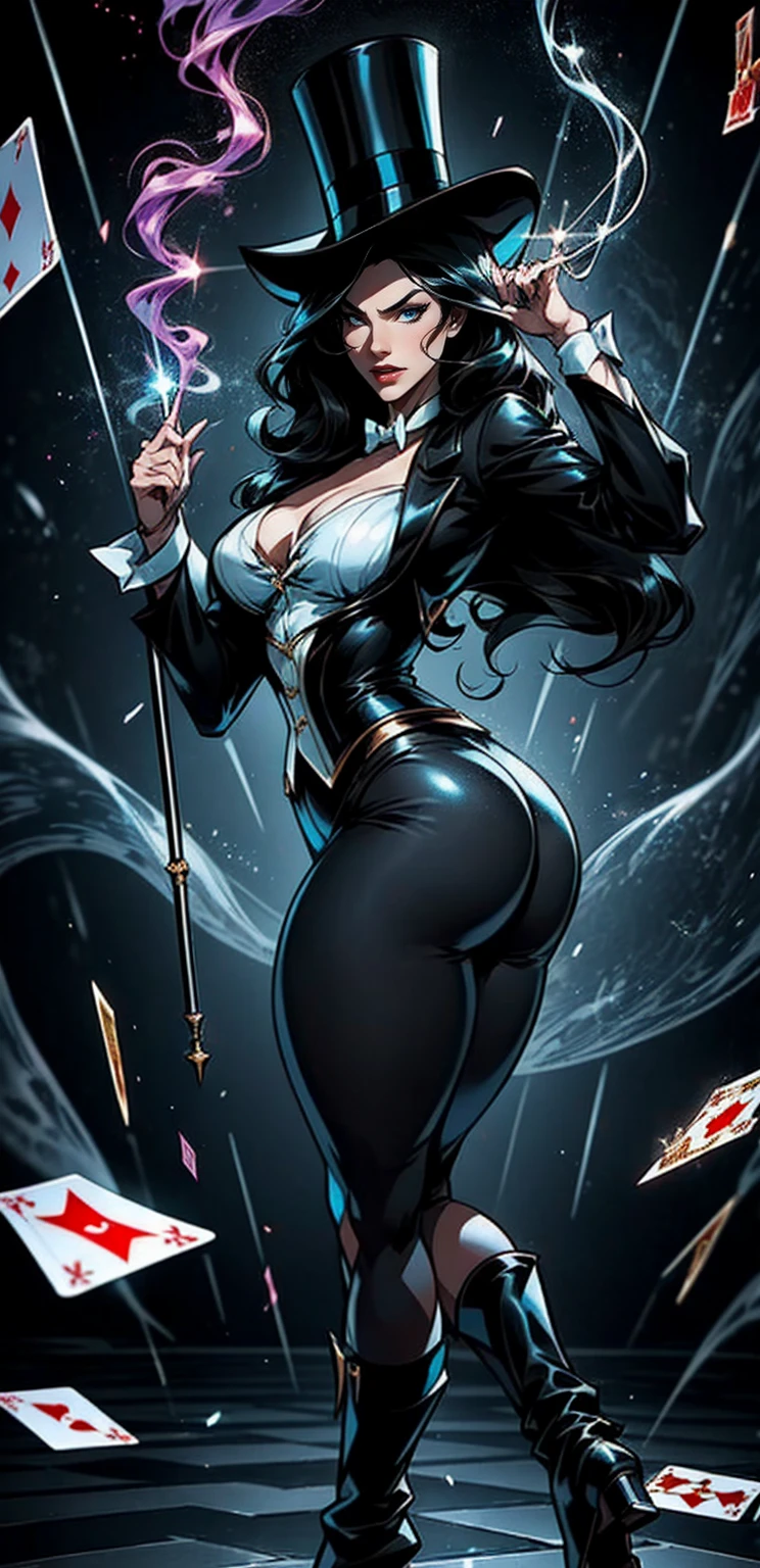 masterpiece, best quality, solo girl, full body, dark blue hair, blue eyes, long hair, medium breasts, sexy body and face, wavy hair, smile, parted lips, gradient clothes, dress, elbow gloves, sleeveless, bare shoulders, cape, boots, bracelet, sleeveless dress, ribbon, black gloves, turtleneck, short dress, pantyhose, black footwear, night, sexy pose, cowboy shots, detailed body, face, and eyes, sharp focus, vibrant, creative, dynamic, high definition, high resolution, 8k, (Upscale: R-ESRGAN 4x+ Anime6mage enchance:4x), voluptuous body, cinema lightning, dakimakura style, looking at the viewer,detailed eyes, detaield hands, detailed face, elf woman,full body