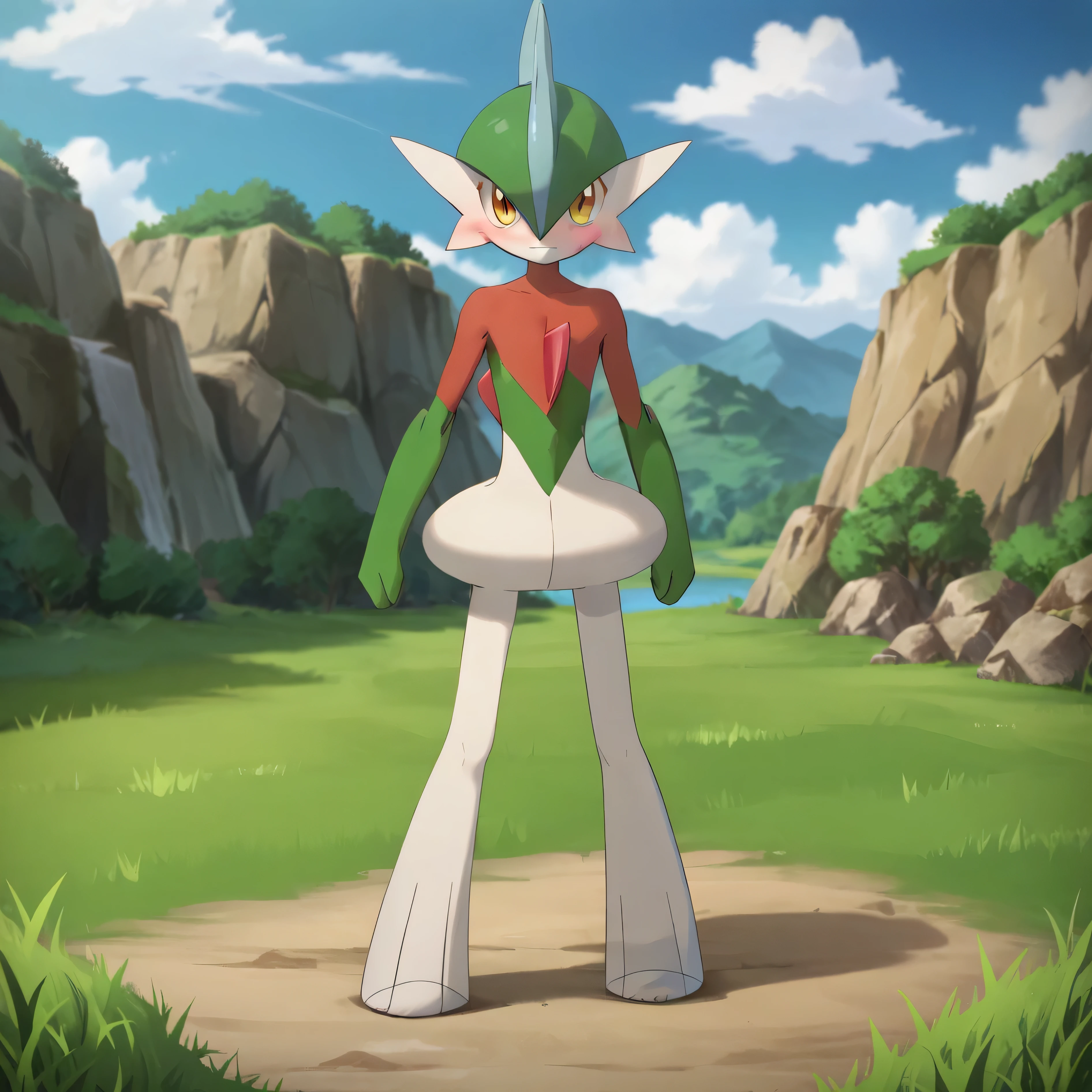 masterpiece,  best quality, highly detailed, detailed eyes, detailed face, detailed skin, score_9, score_8_up, score_7_up, full body shot, grassy field, mountains in background, gallade, 1boy, green hair, blue left eye, yellow right eye, red head crest, pokemon (creature), looking at viewer, pointing up, embarrassed,