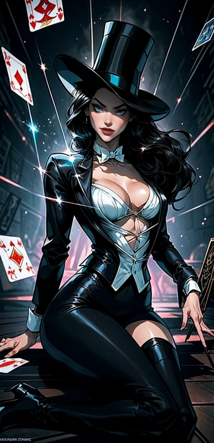 Zatanna DC comics, extremamente realista, muito linda, wearing a magician&#39;s hat, sexy, extremamente sensual, pernas grossas, Bunda grande, fitness 