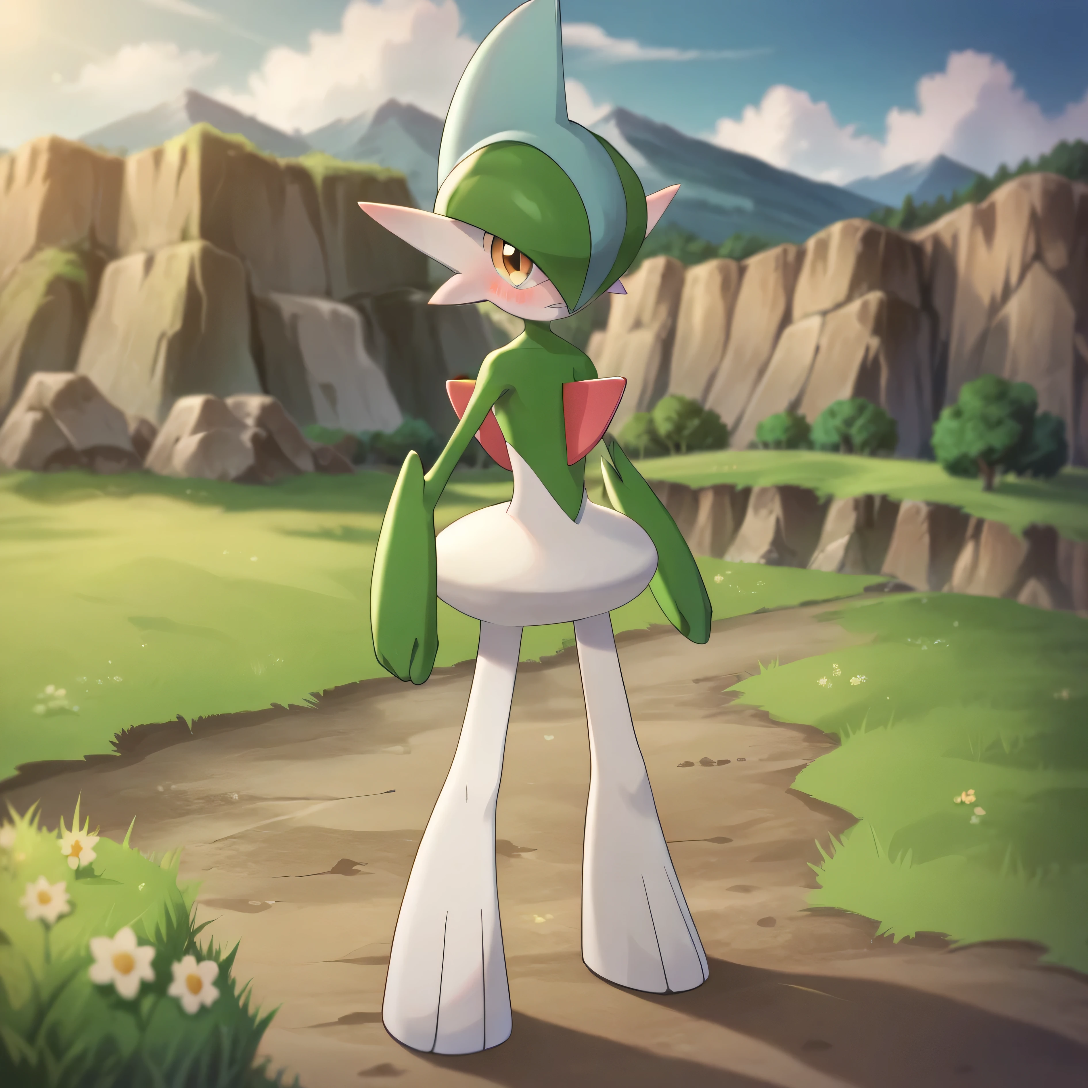 masterpiece,  best quality, highly detailed, detailed eyes, detailed face, detailed skin, score_9, score_8_up, score_7_up, full body shot, grassy field, mountains in background, gallade, 1boy, green hair, blue left eye, yellow right eye, red head crest, pokemon (creature), looking at viewer, pointing up, embarrassed,
