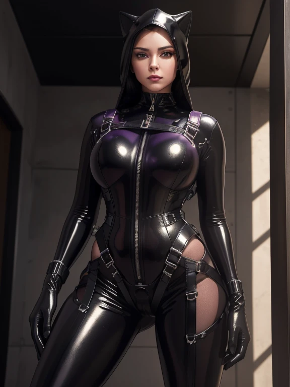 Violet Parr, close up, vagina:1.3, location is superhero lair, long black hair,(purple eyes) , slim, ass, view from front, view from below, red and black outfit, black thigh high boots, shiny, bare breasts:1.4, glamour makeup, retro futuristic, 1950 style, sci-fi, visible breasts, visible nipples:1.4, she is almost naked, ultra detailed, perfect face, perfect skin texture, depth of colour to her eyes, dynamic lighting, volumetric lighting, 8k, visible vagina:1.5