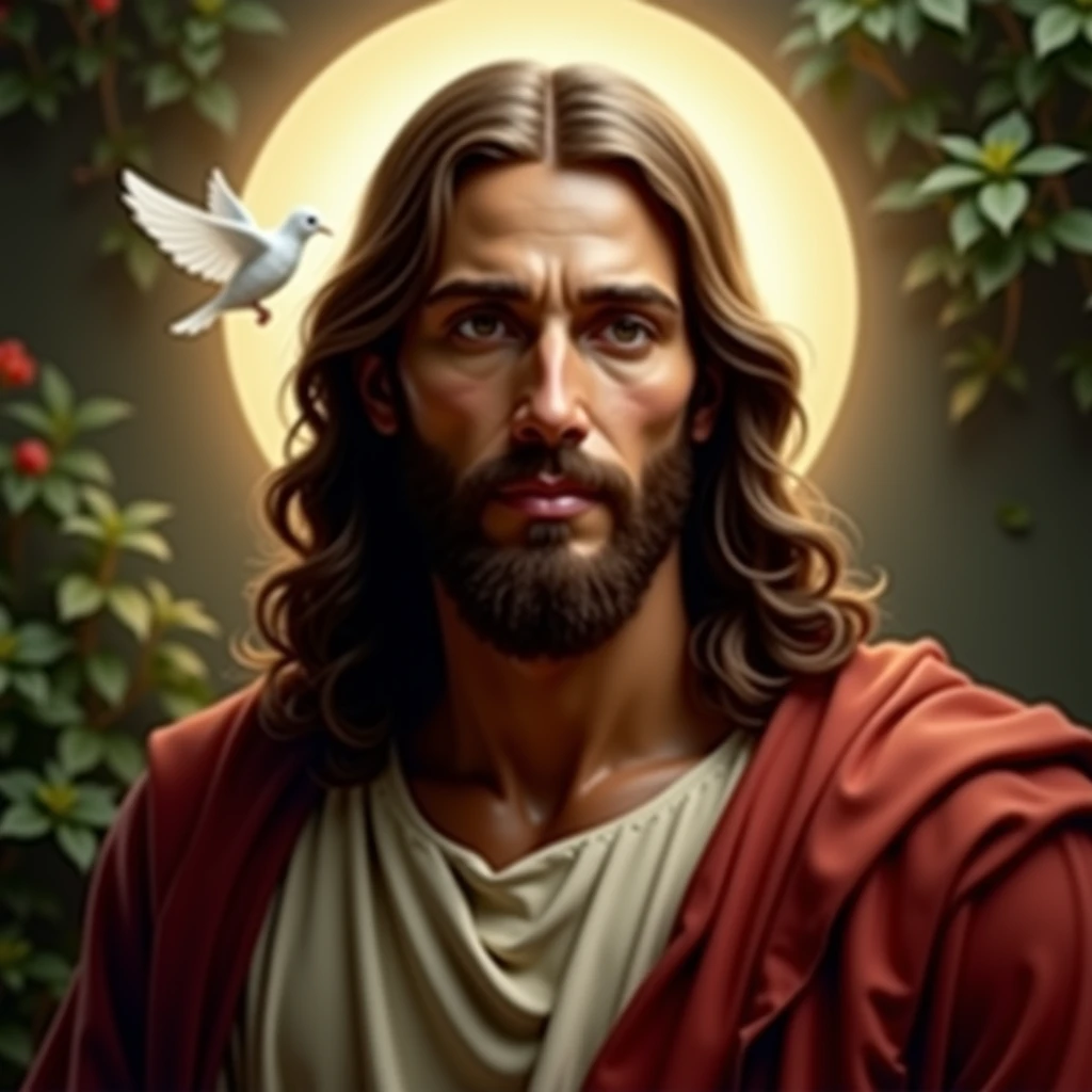 detailed portrait of jesus, smiling, loving gaze, arms open, black and white, garden with trees and flowers, chiaroscuro lighting, serene, peaceful, beautiful, high quality, detailed, realistic, photorealistic, cinematic, dramatic, masterpiece