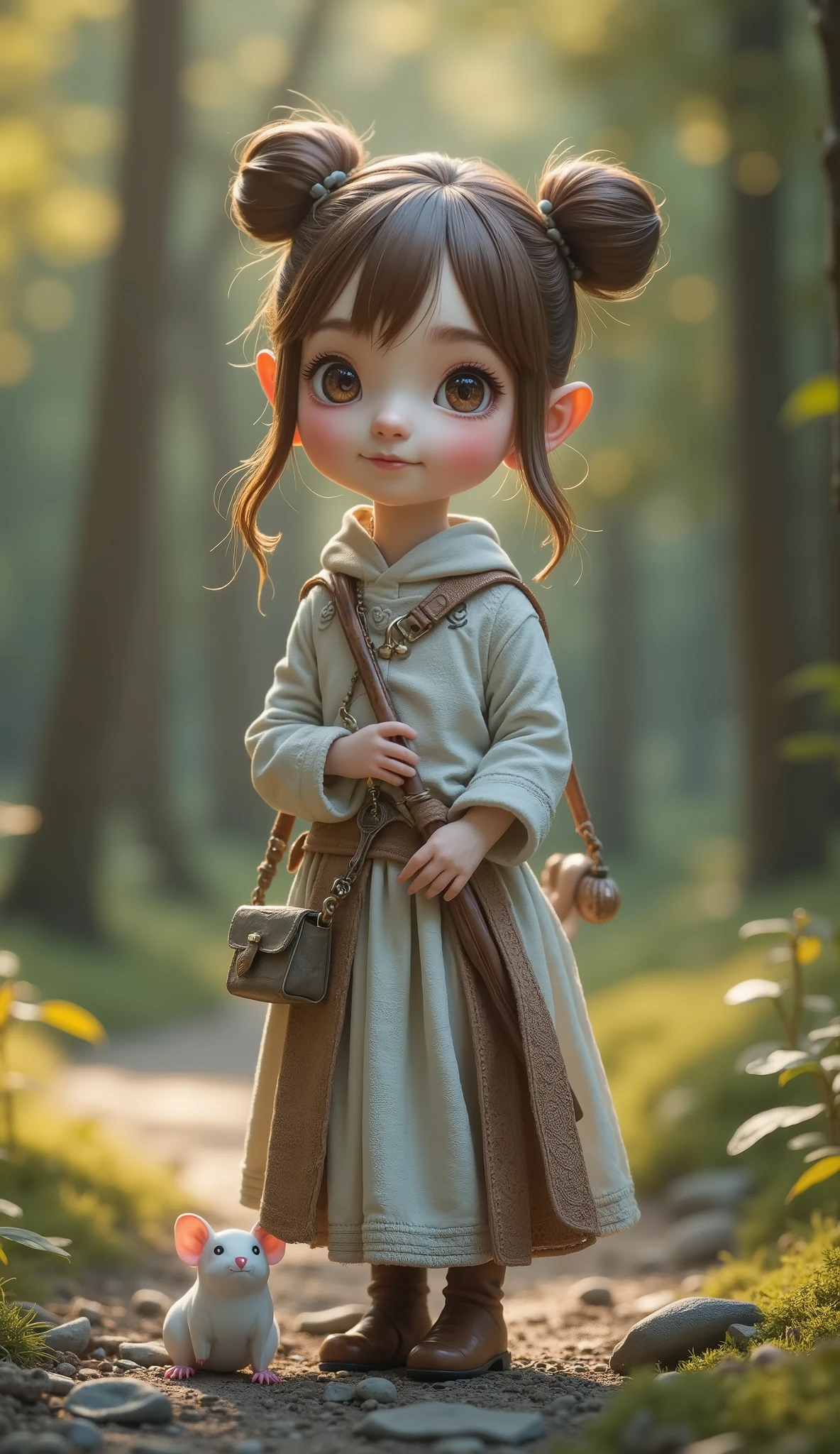 Miniature photography、 best quality 、Masterpiece、 RAW photo、 FILM GRAIN、 very detailed、( best quality 、Masterpiece、 high resolution)、Clay Art、 clay animation、4K Anime Art、非常に緻密なClay Art、5Head to Body、5-head body proportion、Girl's Adventure、Round face、 has thin hands and feet、 Realistic Design 、 very cute face、Elf Ears、(((One bun 、One bun hair、 ethnic costumes、Tunic、comfortable leather boots、Traditional Arts)))、Adventurer Giant Forest 、 low angle:1.5、 Strange Scenery at Dusk 、 Role Playing Games、 Magician Girl 、 has a long cane、 the rat family next to him、 Realistic Design のネズミ、 cute white mouse 、Red eyed rat