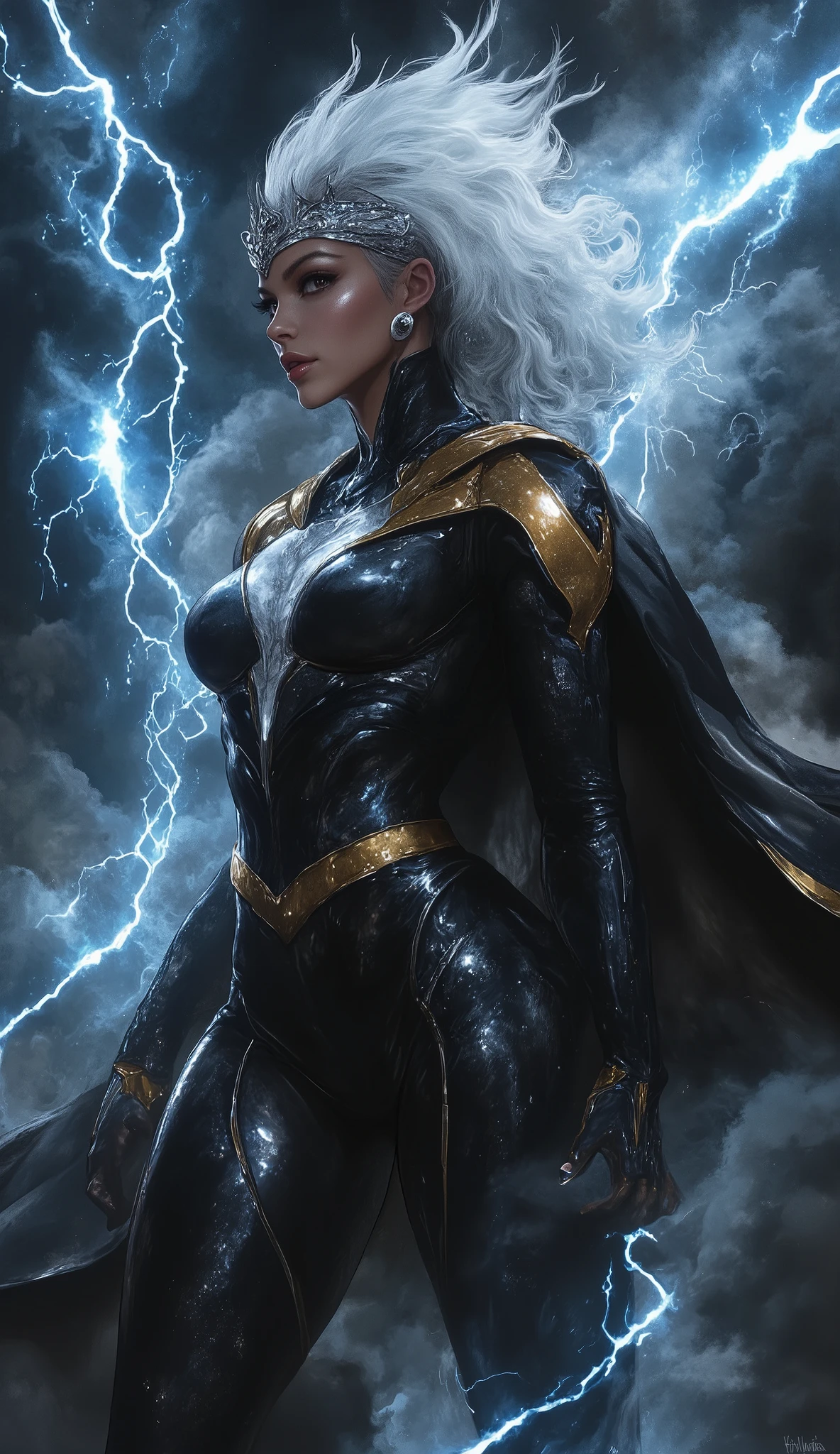 **" A hyperrealistic and cinematic illustration of Storm (inspired by Halle Berry ), wearing her iconic black and gold uniform . She is in a majestic pose , summoning lightning as furious winds shake her voluminous white hair and her gold-rimmed black cape. Her white eyes shine , reflecting your connection to the elements.
The textured costume combines functionality and sophistication , highlighting gold details and her tiara , symbol of her leadership . The dramatic lighting emphasizes muscular contours , the brilliance of the jewels and the dynamic movement . Blue Lightning and Silver illuminates a stormy sky filled with swirling dark clouds , creating an atmosphere charged with energy and power .
The composition combines extreme realism with narrative design , exploiting her strength as a heroine , queen and goddess of the elements ."**