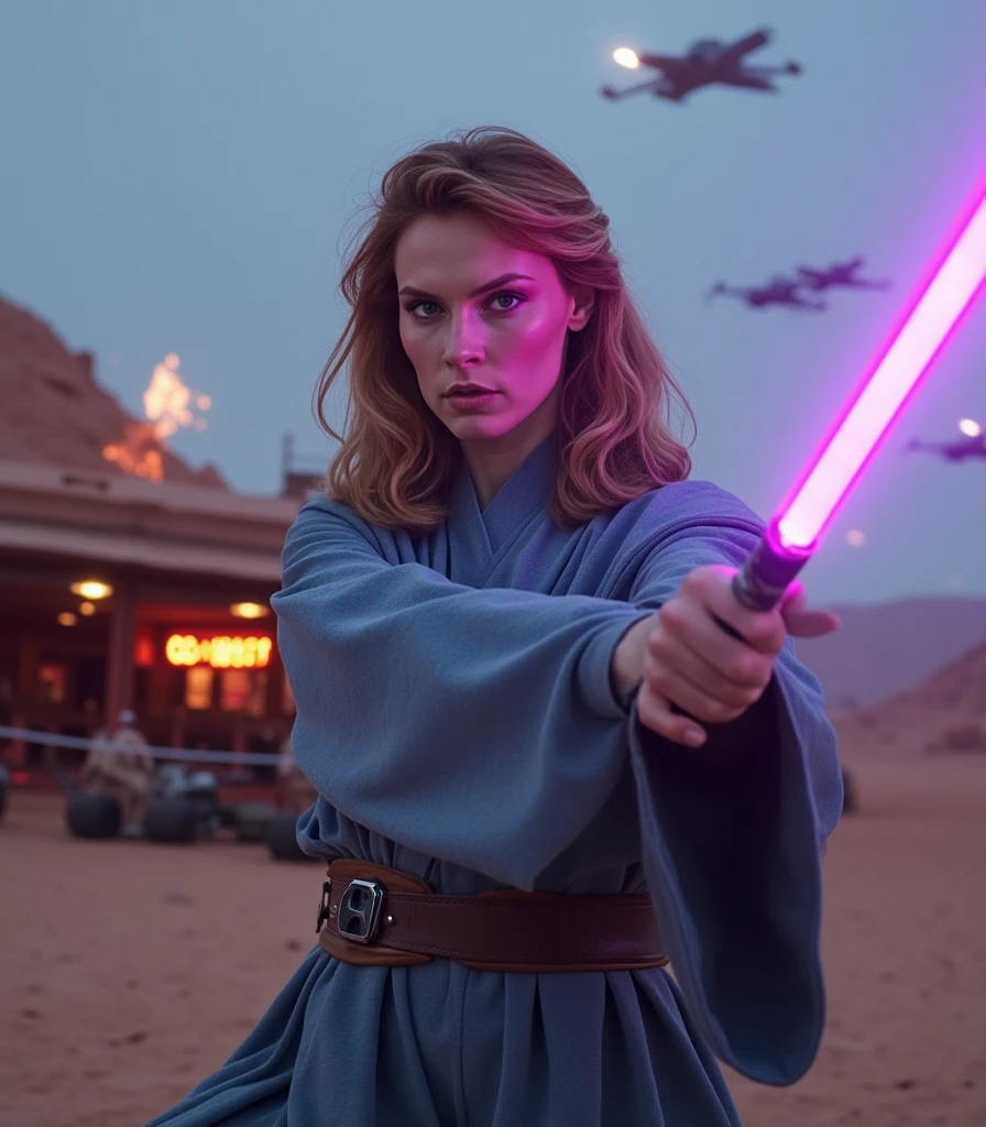 (medium closeup) photograph of (beautiful 24 year old) woman, as a jedi knight,dressed in a (long blue gray tunic robe), with utility belt, holding a pulsating (periwinkle light saber) with both hands, action fighting stance pose, while (x-wing fighters streak overhead:1.3) in sky above,with a (brightly-lit cantina bar) in the background on this bleak desert planet, full body, background explosions,face focus,(depth of field),facing viewer,rich details,clear shadows and highlights,realistic,highly detailed,sfw,(no visible )