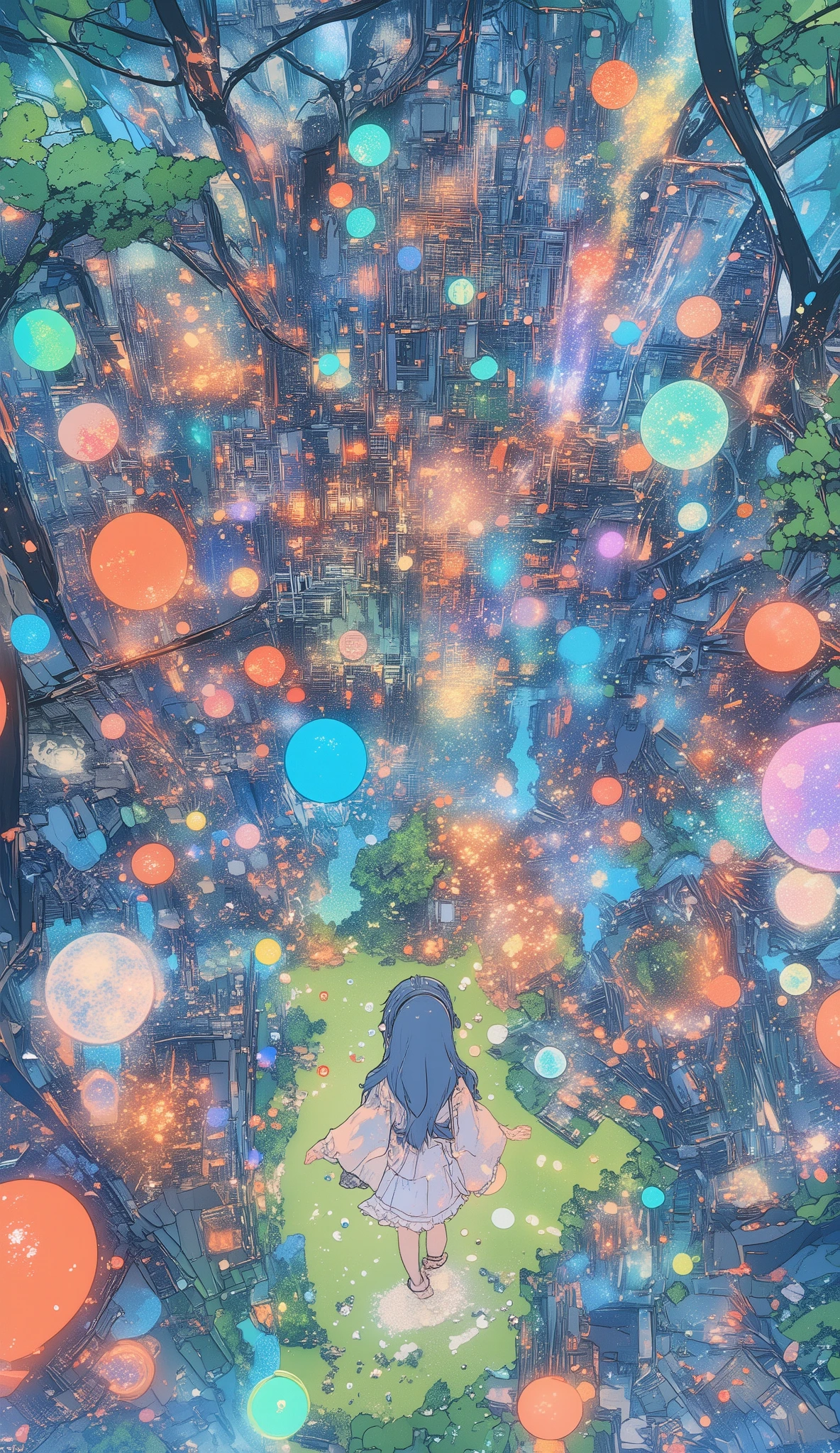 Magical Dreamland、Bird's-eye view、Bird's-eye view、 An old city centered around the Sekai Tree、Miniature photography、(((The Town Where Fairies Fly )))、 The Human Girl Who Wandered Into :1.7、If the stellar2There are two worlds、 fantastic use of colors、 Fantasy、