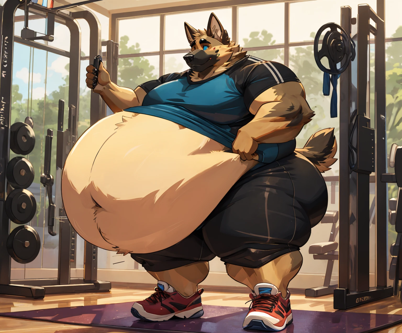 Male, solo, anthro, German Shepard, older male brown fur, gym, (tight gym shorts), detailed lighting, brown chest tuft, ruffled fur, musclegut, belly, focus on belly, hands on belly, weight gain, muscular arms attractive, (detailed bulge, detailed genitals), (bare chest), (detailed genital outline), (tenting (shorts)), (outstretched (shorts)), snout, long snout, teeth, perfect eyes, mature male, father figure, dilf, daddy, fangs, wide waist, broad shoulders, strong thighs, white teeth, detailed hands, massive bulge, bulge, detailed crotch, (detailed bulge outline), dramatic lighting, standing, (detailed erection under clothing (shorts))