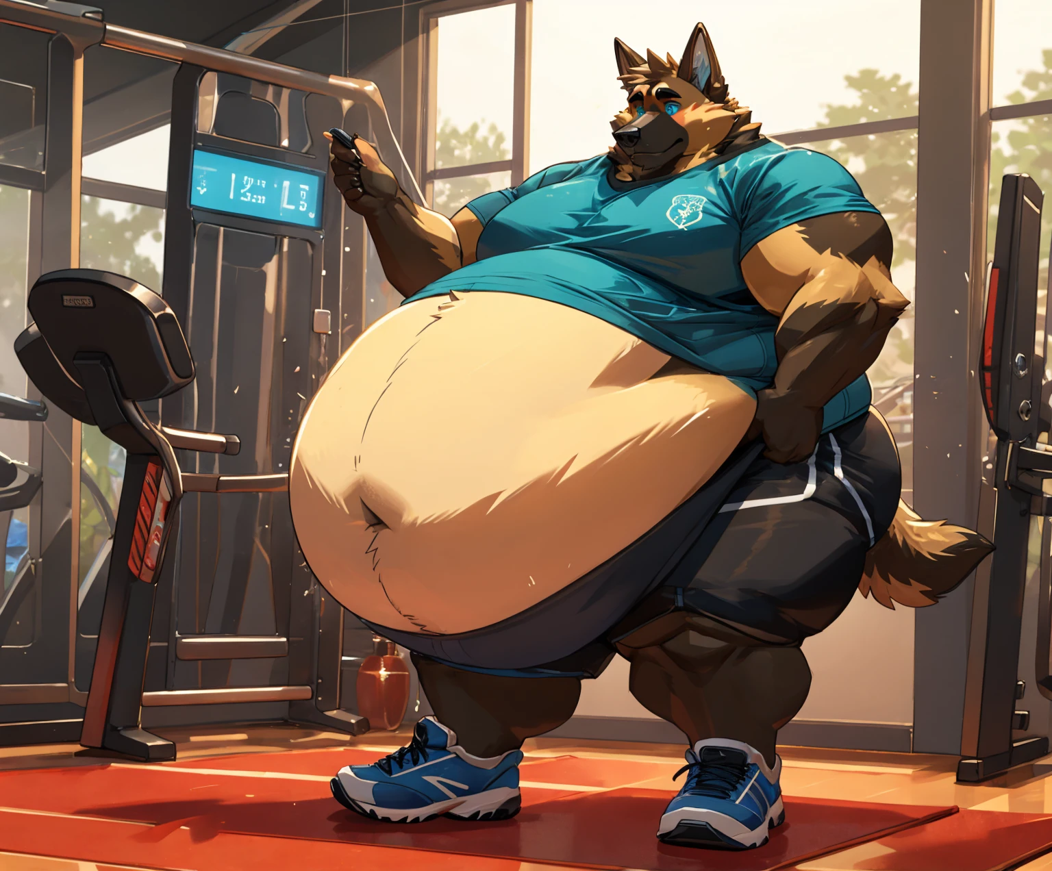Gray Bear Man, social fear, blush, Looking shyly at the camera, sweat, Gym, short sleeves, shorts, sports shoes, Slightly fat, sitting position, stick out tongue, beg for mercy