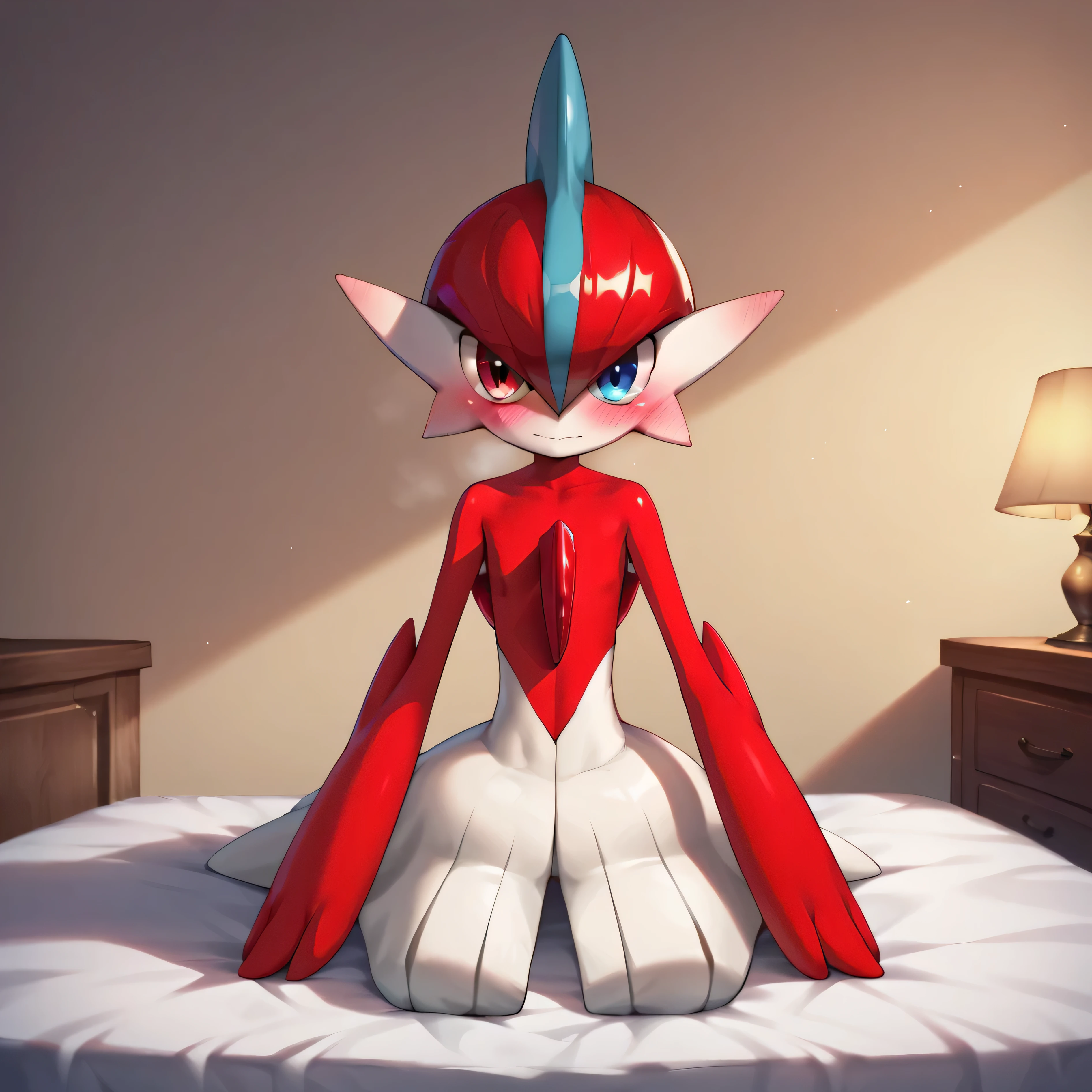 masterpiece, best quality, highly detailed, detailed eyes, detailed face, detailed skin, (score_9, score_8_up, score_7_up), full body shot, in mansion, on bed, gallade, 1boy, heterochromia, red hair, blue eyes, head crest, pokemon (creature), looking at viewer, pointing up, embarrassed, blushing, naked,