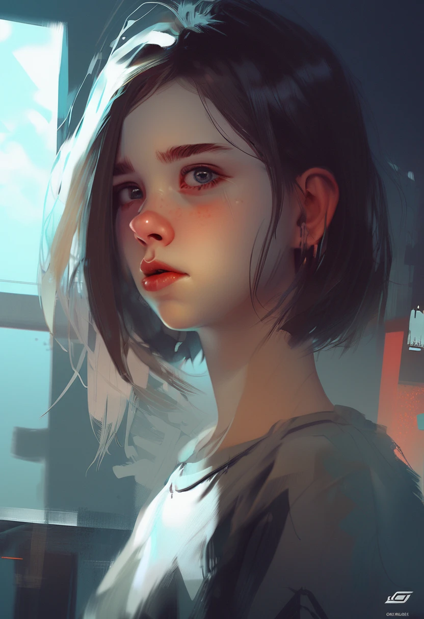 a girl full body, dark style, wearing long black t-shirt long black pants, dark style, brown eyes, short brown hair, expression of sadness in the look, moonlight night only, dark environment, high definition, detailed, realistic, hd, trend on artstation