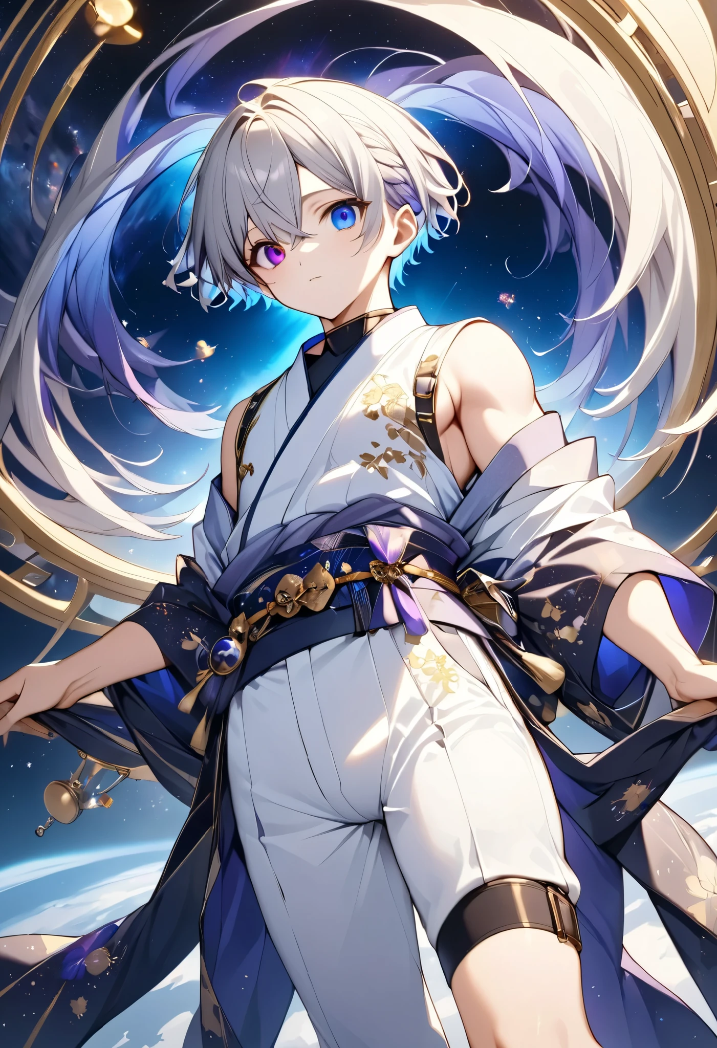 fresh illustration ,
Superfine painting,
very delicate illustration ,
Very fine details ,
Picture of only one boy ,
Height: 158cm,
white skin,
((The left iris is purple and the right iris is blue))
((Complete iris heterochromia )),
beautiful eyes,
large black pupils ,
short hair,
Gray Hair,
hair roots are bluish ,
The hair has gradation ,
shiny hair with makeup,
Beautiful and pretty face,
The small rear wheel that shines brightly floats above my head,
raised eyebrows ,
and is wearing a kimono on the upper body in kimono,
Masculine physique,
Six Pack,
Super Skinny,
No boobs,
lower body Nadres ,
The color of the belt is black ,
Overall white clothes ,
The design is tastefully embroidered with gold thread,
fine fabric clothing ,
The number of fingers on a hand is five,
Isometric,
Golden Ratio,
god々 like atmosphere,
The undershirt is indigo-colored with a stand-up collar,
outer space ,
Milky Way,
Little Star々 upper body ,
tactical use of shadows ,
rings of the head and hair do not stick out of the angle of view,
Clothes don't stick out of the angle of view ,
(( standing))
(Knee Shot),