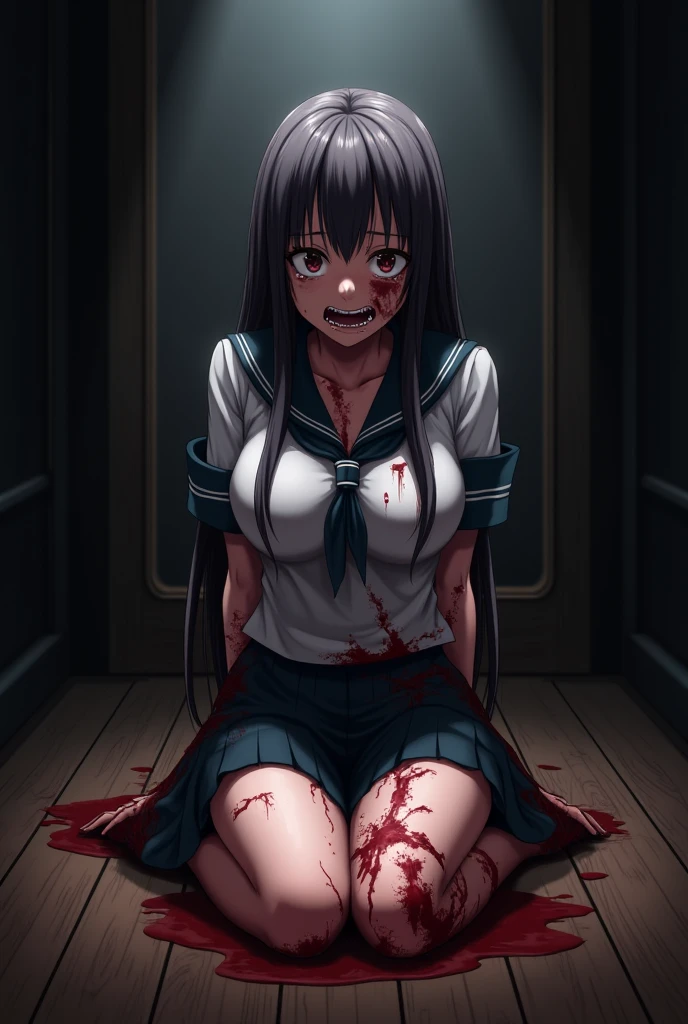 (Incredibly ridiculous absolute resolution:1.5)、top-quality、masuter piece、超A high resolution、(be frightened:1.8)、(((Teary-eyed:1.5))、(((Cute pink underwear with ruffles and decorations)))、((((Lori))))、((Skirt twisted))、((Sit and open legs、Wide legs open、Angle from which you can see the whole body:1.3)) 、((small curvy ))、Shoujo Mangacore、(((Complex hairstyle)))、(((short braiding)))、魅惑的:1.5、High quality:1.3、SFW:1.3、(Hands restrained behind your back:1.4)、long black hair、(A dark corner of the ruins:1.2)、(and bruises all over the body:1.4)、(Bleeding from the head、Vomiting blood from the mouth:1.4),Writhing in pain, sitting at front of an open door