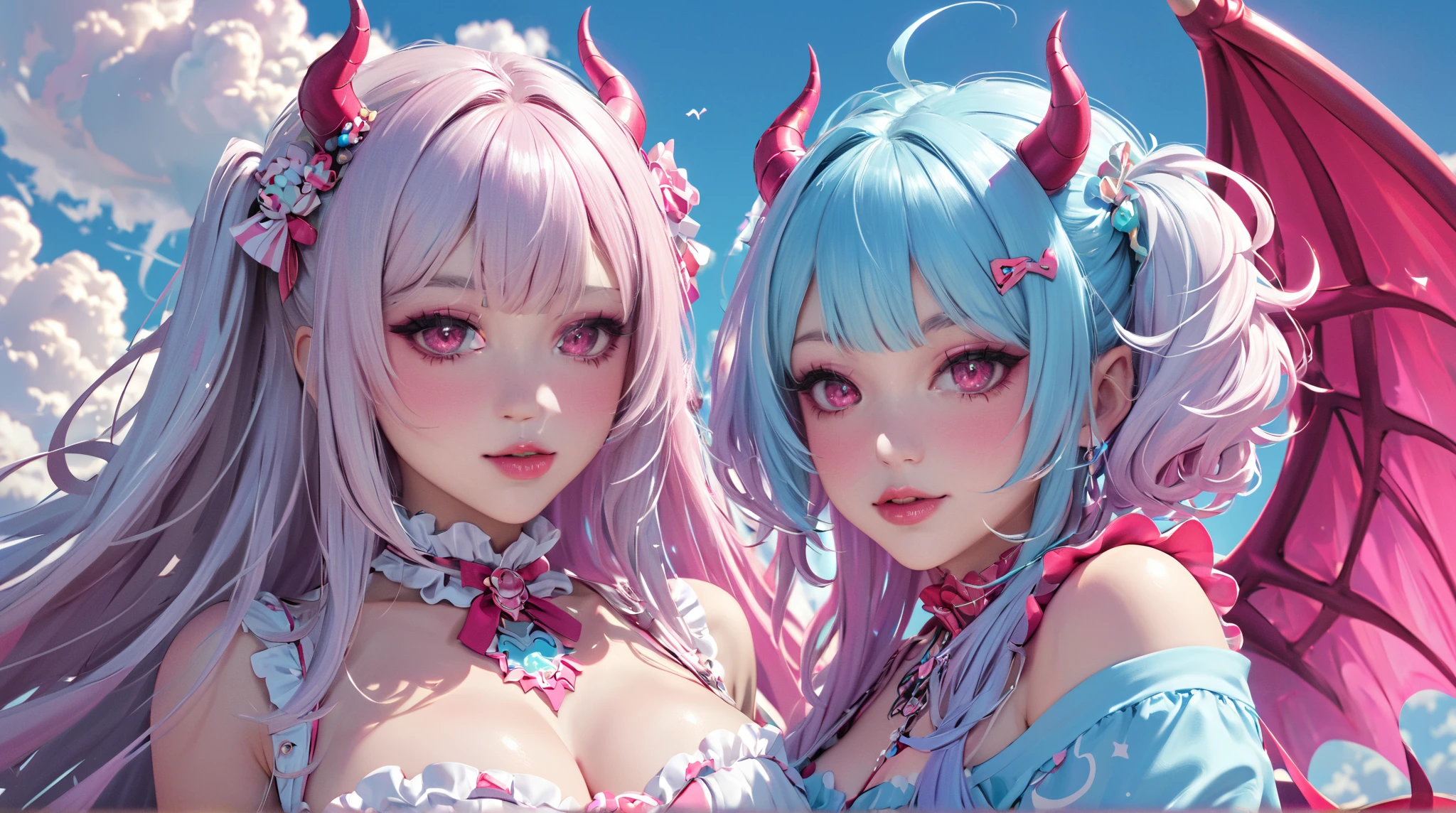 Pink Princess, (Pink-Blue hair), ((big hair)), double eyelid, ((skinny body)), cute expression, perfect skin, (fluffy), pink eyes, (cute clothing),
