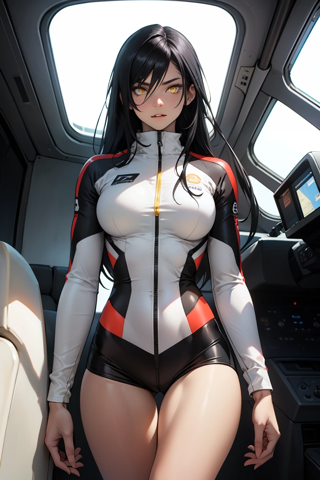 angry girl pale skin (((((muscular girl))))) (((thick))) (((large breasts))) pilot suit bodysuit black hair yellow eyes very long hair very long hair very long hair solo solo solo
