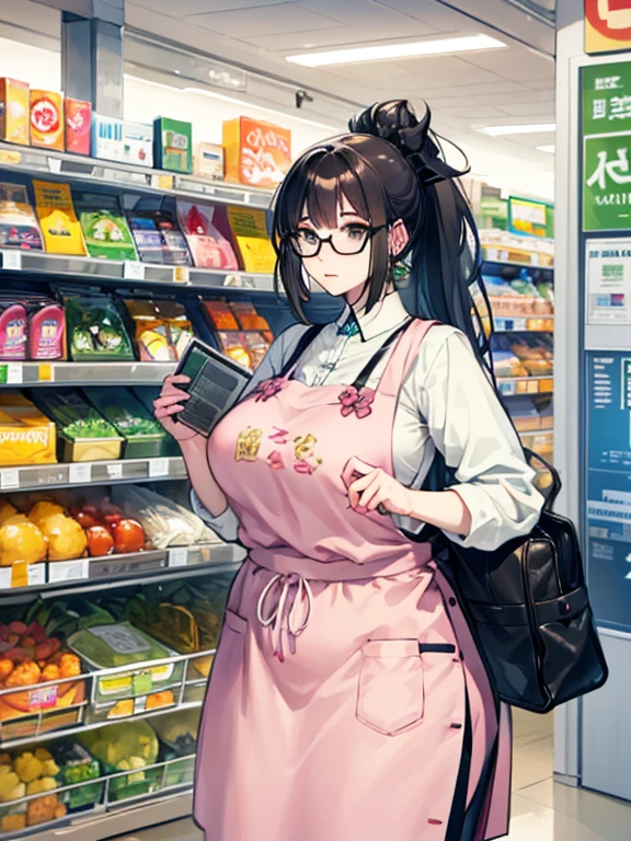 (best quality:1.4), anime, solo, A purple haired girl in supermarket gyoza dumplings jiaozi, cleavage