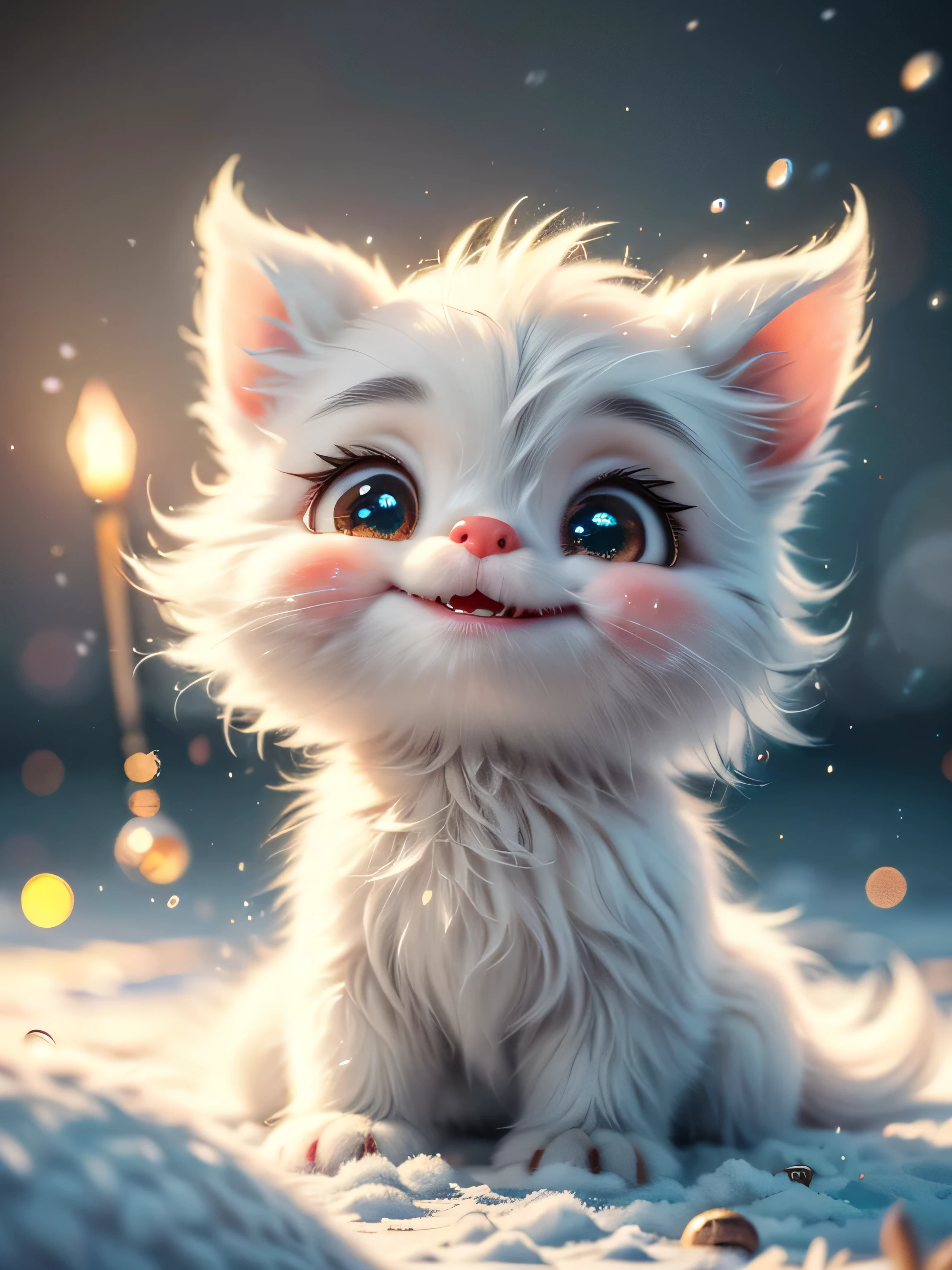 (Best Quality, Super Detail, Masterpiece, Representative Work, Official Art, Professional, Super Detail, 8k:1.3) (Photorealistic:1.2) A very cute white little furry monster with big floppy ears sitting in an Eskimo igloo on a snowy plain. The monster should look playful and funny, with big eyes and a smile. The background should be white. Natural Lighting, Soft Background, Photorealistic, Shining Eyes, Sharp Focus, Cute and Mischievous Look, Hint of Mischief, Dreamy Atmosphere, Delicate Details, Soft Volumetric Light, (Backlight:1.3), (Cinematic:1.2), Intricate Details, (ArtStation:1.3)