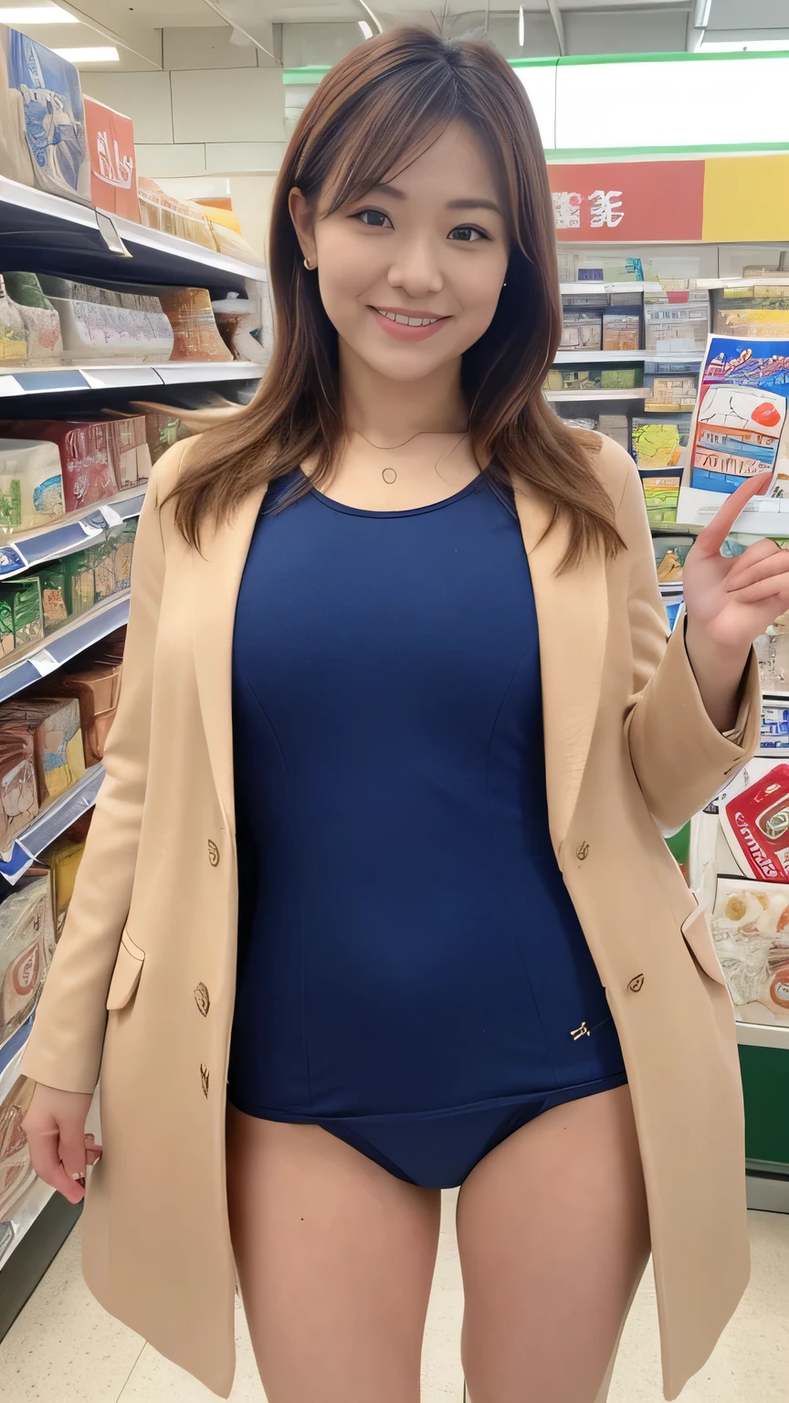  best quality 、8k、Masterpiece、 super high resolution、Clear Photo、 professional lighting、 natural light、 realistic、 Extremely Detailed Skin 、 Complete anatomy、 one woman、Age 30、:1.8、Big Breasts、saggy breasts:1.9、 light brown hair 、 beautiful hair、smile、dark blue u883 school swimsuit、 Long Coat 、( black pantyhose )、 sneakers、( supermarket)、 stand and pose