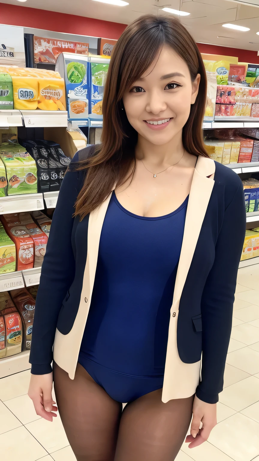 best quality 、8k、Masterpiece、 super high resolution、Clear Photo、 professional lighting、 natural light、 realistic、 Extremely Detailed Skin 、 Complete anatomy、 one woman、Age 30、:1.8、Big Breasts、saggy breasts:1.9、 light brown hair 、 beautiful hair、smile、dark blue u883 school swimsuit、 Long Coat 、( black pantyhose )、 sneakers、( supermarket)、 stand and pose