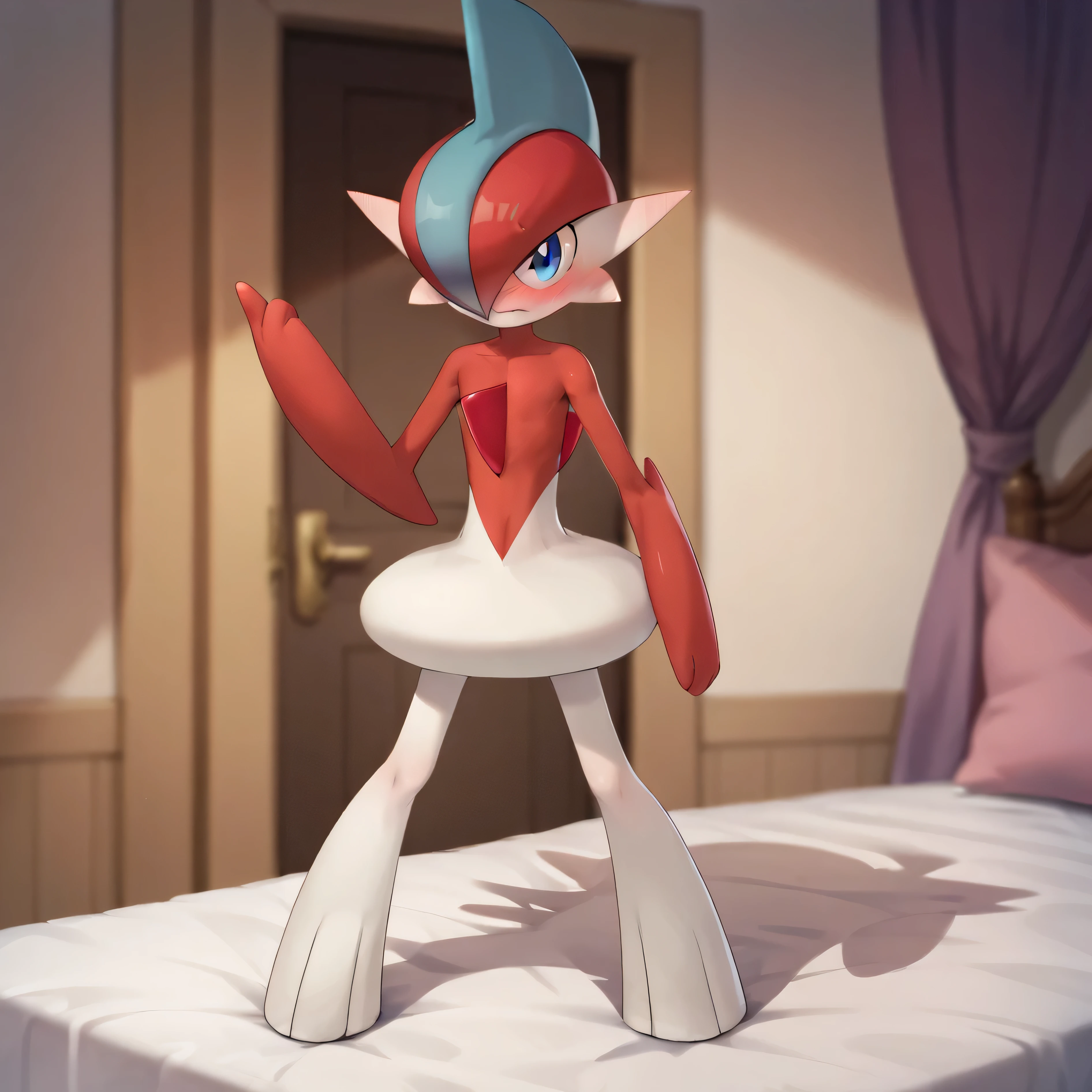 masterpiece, best quality, highly detailed, detailed eyes, detailed face, detailed skin, (score_9, score_8_up, score_7_up), full body shot, in mansion, on bed, gallade, 1boy, heterochromia, red hair, blue eyes, head crest, pokemon (creature), looking at viewer, pointing up, embarrassed, blushing, naked,