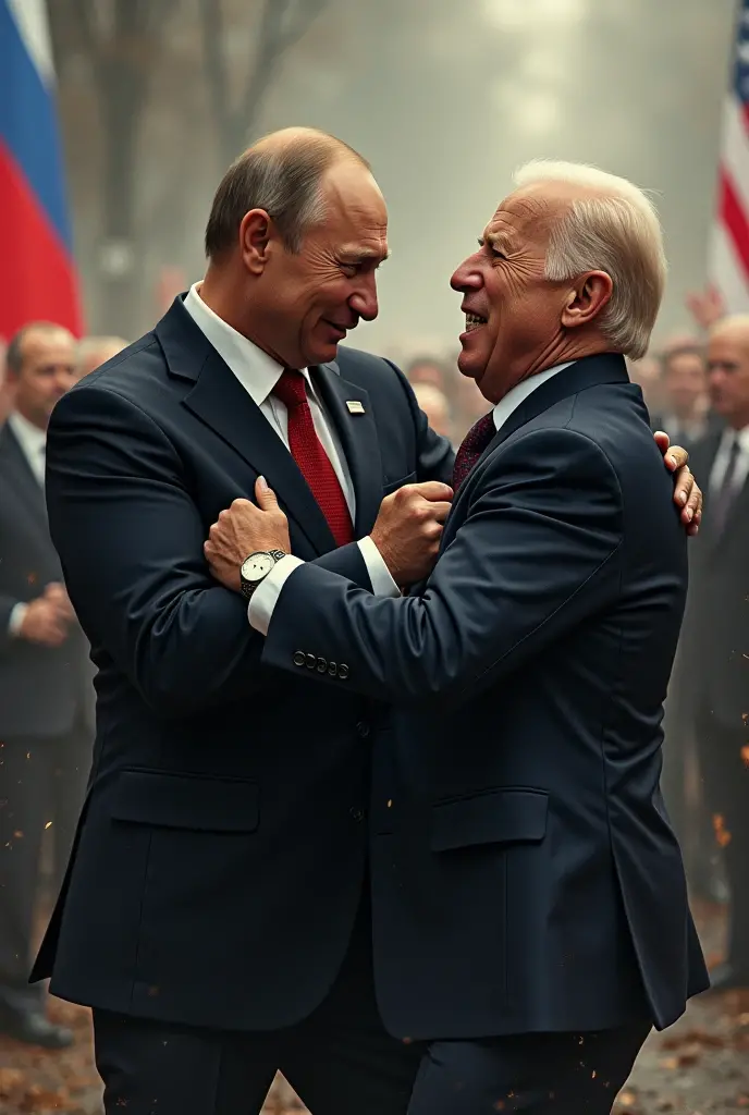 Vladimir Putin faces Macron after World War III. swastika.
explosion in the background.
Biden smiles like crazy