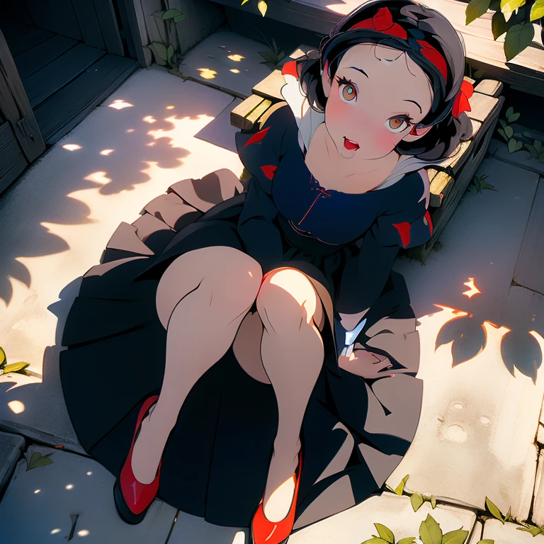 ((Full body photo, standing, feet on the floor)) araffe snow white, snow white, modern disney style, cartoon style, red bow, blue eyes, short black hair, sitting on a window sill with a black bra and cuffs, wrapped in leather straps, leather cuffs around wrists, restrained, harnesses and garters, handcuffed, handcuffs,  dominant pose, sexy dominant pose,