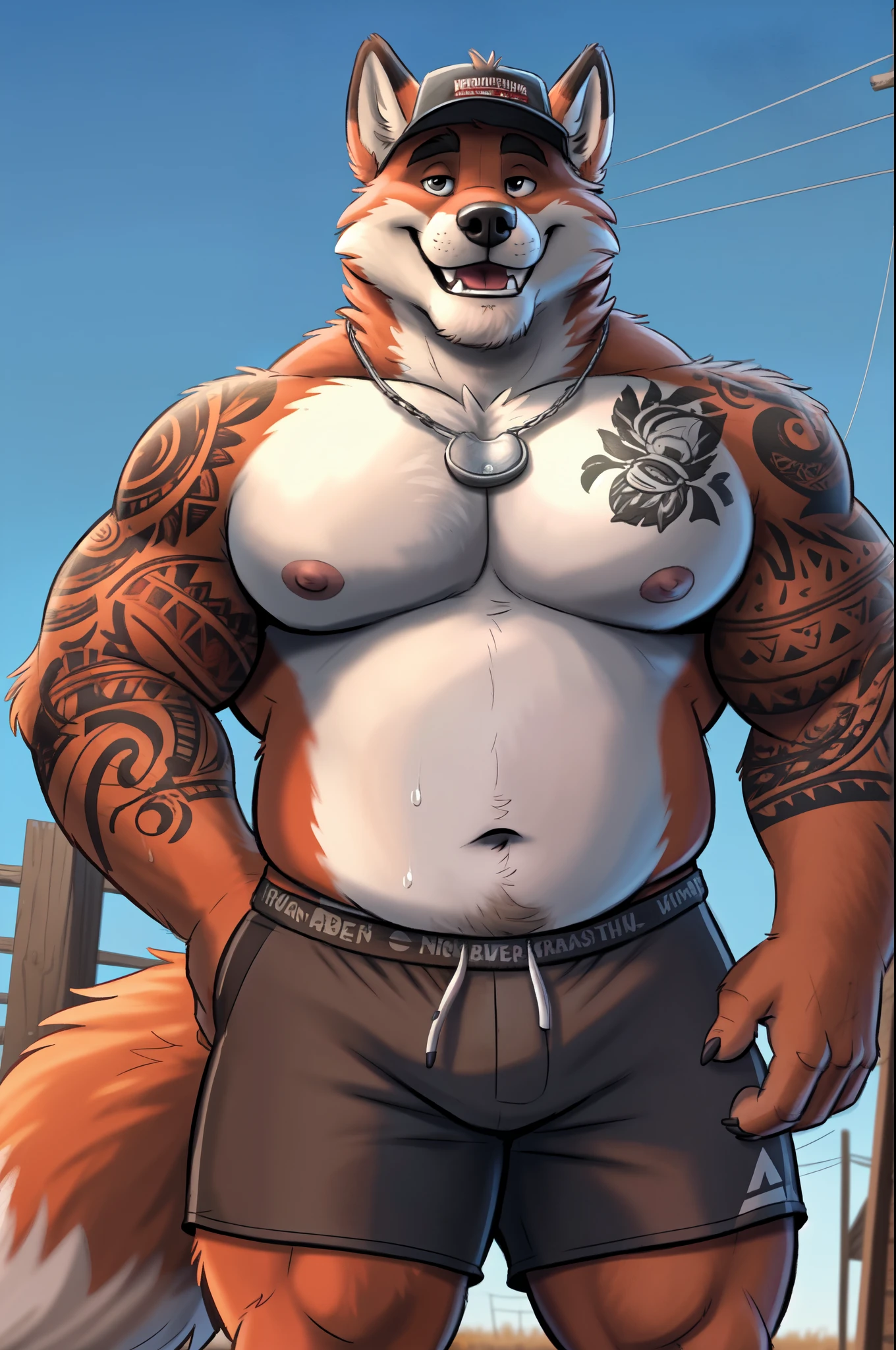 highest res,fox,anthro,4 fingers,best most realistic detailed accurate blurred background,male aged in early 40's,skinny,skinny anthro,skinny male,tail,standing outside in front yard of best most realistic detailed accurate trashy floridan mobile home in best most realistic detailed accurate trashy mobile home park in rural florida,solo,by dramamine,by nanoff,by minedoo,by dream_and_nightmare,by horrorbuns,slightly fluffy most detailed multi tone fox fur,full body view,most realistic detailed fox fur pattern colors and markings,best calmest relaxed casual friendliest toughest manliest most masculine coolest chillest face,best dynamic calmest casual relaxed toughest manliest most masculine coolest pose,frontal view,fully front facing view,american,floridan,southern,redneck,trashy,rural,scruffy,average height skinny sexiest slightly chubby tattooed slightly buff muscular body,tattooed dad bod,daddy,dilf,half open mouth,showing teeth,best most detailed open eyes, best most detailed smallest dark pupils, best most detailed medium sized nipples nipple tips and areolas, summer, nude male, best quality, masterpiece, perked up ears, no body hair, facing viewer, fully front facing view, looking directly at viewer, smiling, smiling at viewer, without text, outdoors, closeup, best most detailed fox teeth, wearing best most detailed toughest manliest masculine plain black athletic shorts, best slight belly overhang, best most accurate most detailed trashy southern redneck tattoos on body, most detailed small flattest tattooed pecs and moobs, most detailed small flattest tattooed belly, best most realistic body proportions, toughest manliest most masculine male, headwear, wearing best most detailed most accurate toughest manliest masculine black trucker cap with flattest brim, sweaty fur, hdr, 8k, most detailed deep navel, wearing best most detailed most accurate toughest manliest masculine silver cross necklace, an14, best anatomy, best ergonomics, e621, noon, no facial hair,
