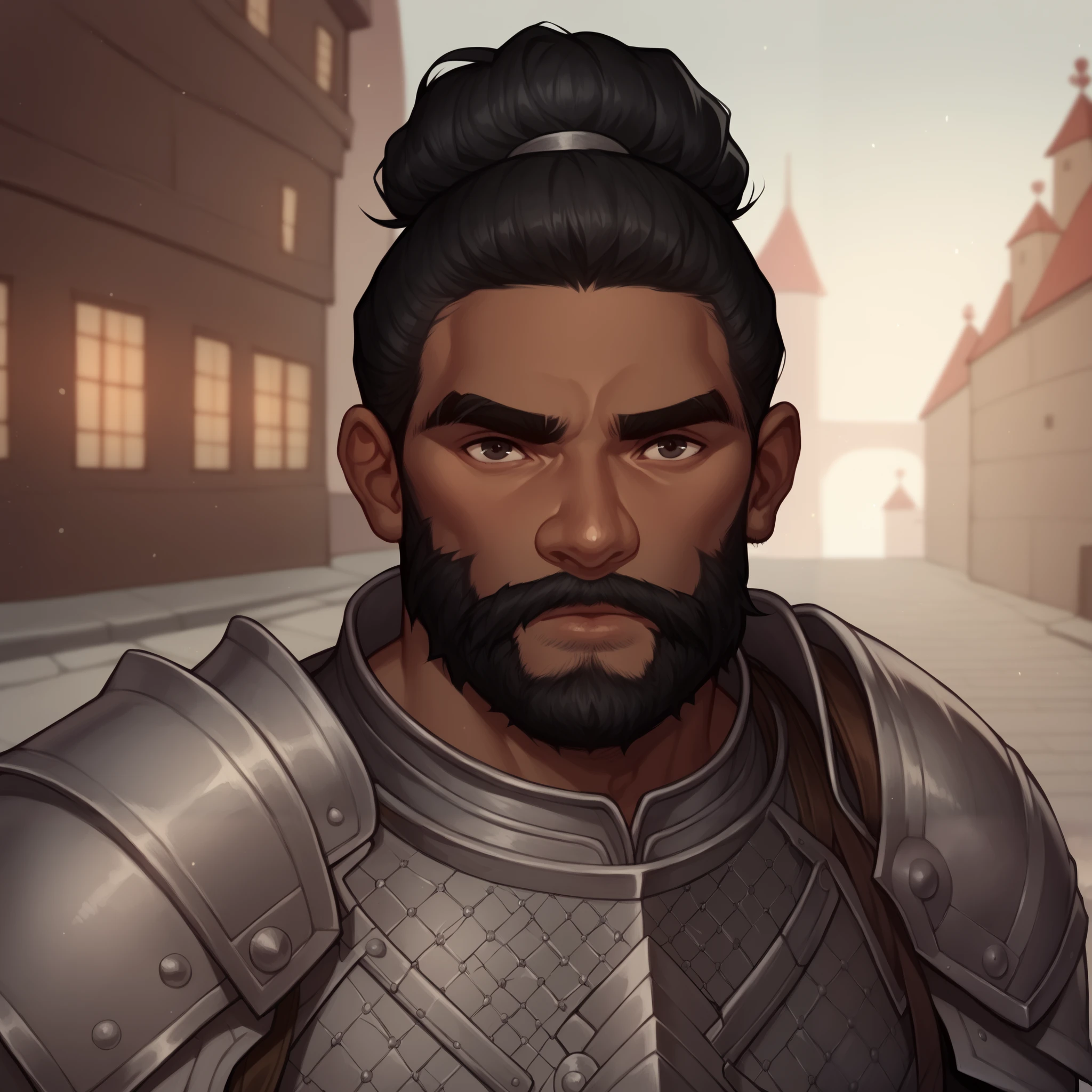 (((beautiful, high quality, comics style, detailed face))), score_9, score_8_up, score_7_up, BREAK, bust shoot view, solo, male (african) dwarf, short stature, big nose, very dark skin, 50 years old, black hair, short hair, bun, ((long beard, voluminous beard, matted beard)), strong, wide, muscular, thick eyebrows, silver knight armor, breastplate armor, Espalier, city, blurred background, Expressiveh, DeepNegative_xl_v1, detailxl, zPDXL3