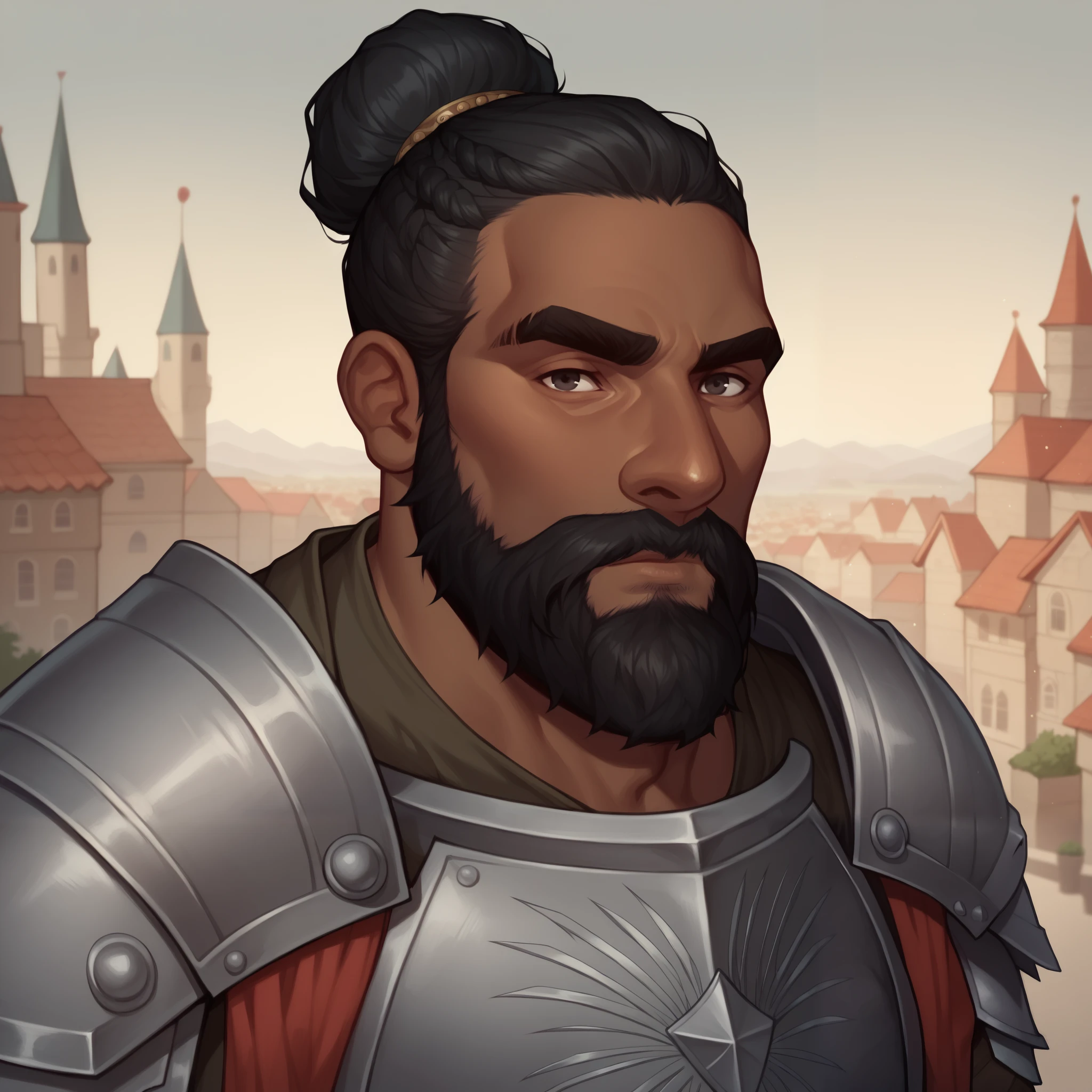 (((beautiful, high quality, comics style, detailed face))), score_9, score_8_up, score_7_up, BREAK, bust shoot view, solo, male (african) dwarf, short stature, big nose, very dark skin, 50 years old, black hair, short hair, bun, ((long beard, voluminous beard, matted beard)), strong, wide, muscular, thick eyebrows, silver knight armor, breastplate armor, Espalier, city, blurred background, Expressiveh, DeepNegative_xl_v1, detailxl, zPDXL3