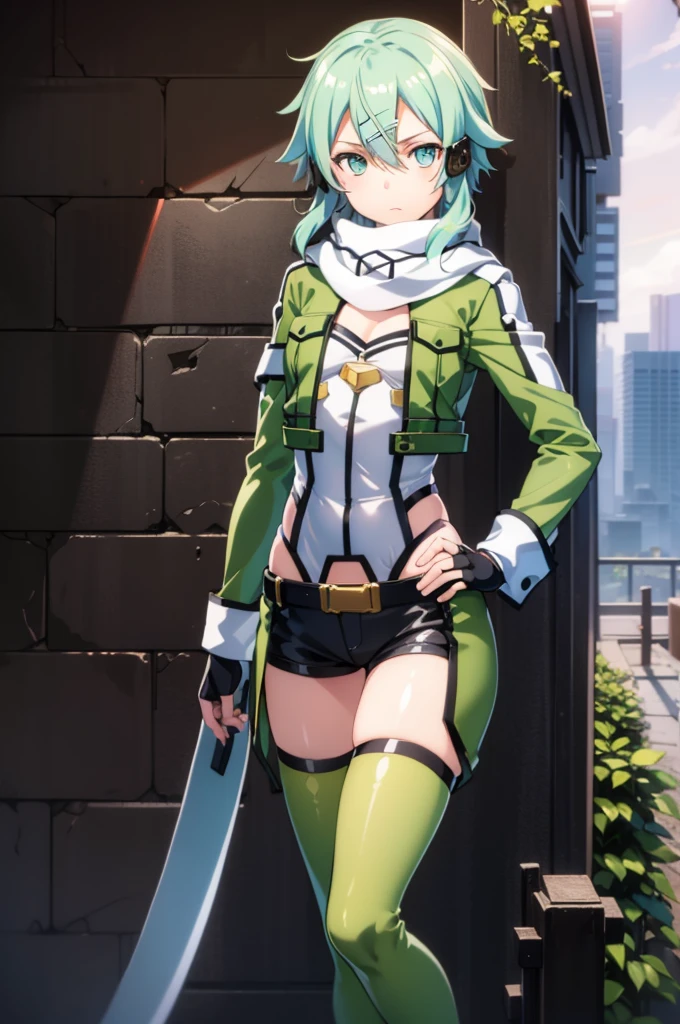1 garota em, Sozinho, Cauda dupla, shorts, mangas compridas, short curto, botas longas, thigh strap, luvas, olhos roxos, Cabelo verde