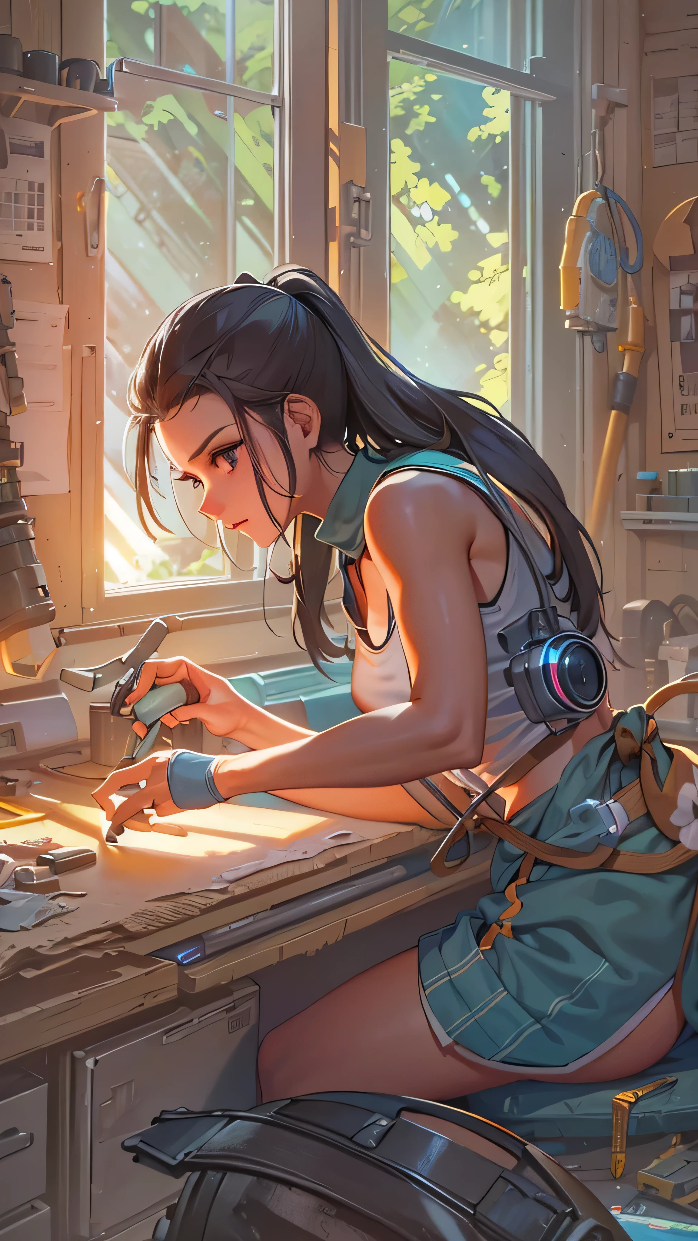 Cher,  ponytail,  tank top,  clothes around the waist, cleaning a portal gun at a workbench,  bright morning sunlight shining through the window ( zrpg style ) (Masterpiece:1.2) ( illustration:1.2) ( best quality :1.2) ( Details) ( complicated) (8k) ( high resolution) ( cinematic lighting) ( sharp concentration)